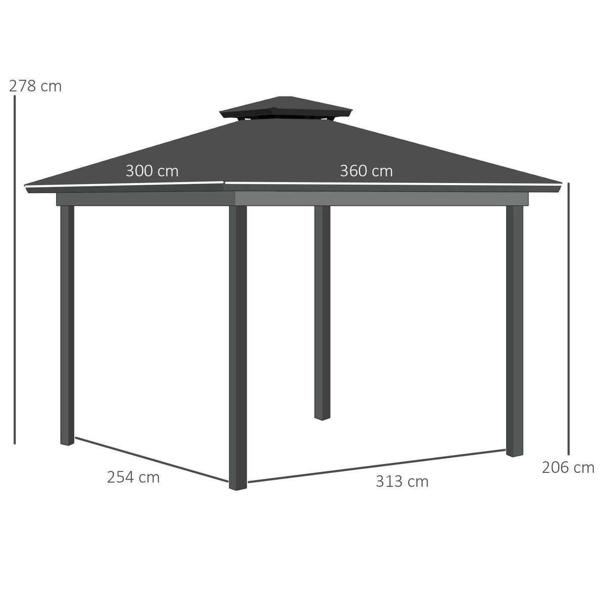 OUTSUNNY Pavillon de jardin tonnelle rigide dim. 3,6L x 3l x 2,78H m rideaux latéraux anti-UV structure gris toit polycarbonate noir