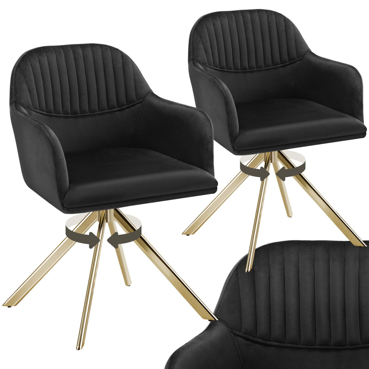 tectake Chaise pivotante en velours rembourrée noir/or Lot de 2