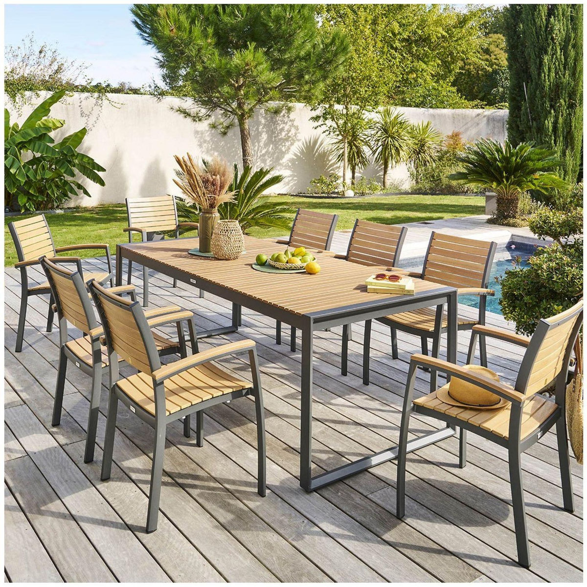 HESPERIDE Table de jardin fixe Lensia en eucalyptus et aluminium - 8 Places