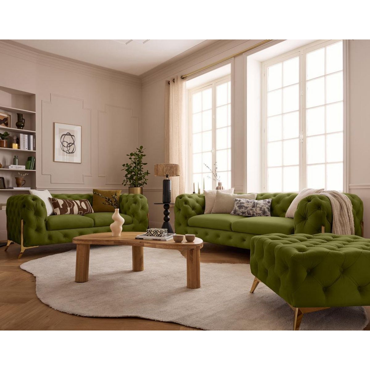 LISA DESIGN Camden - canapé 3 places chesterfield en velours - pieds en métal doré