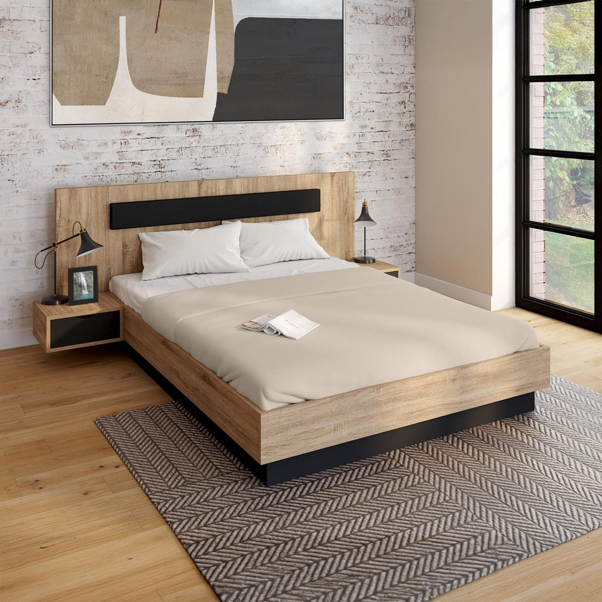 ID MARKET Lit coffre double SANTA avec tête de lit + tables de chevets intégrées et sommier 140 x 190 cm bois et noir