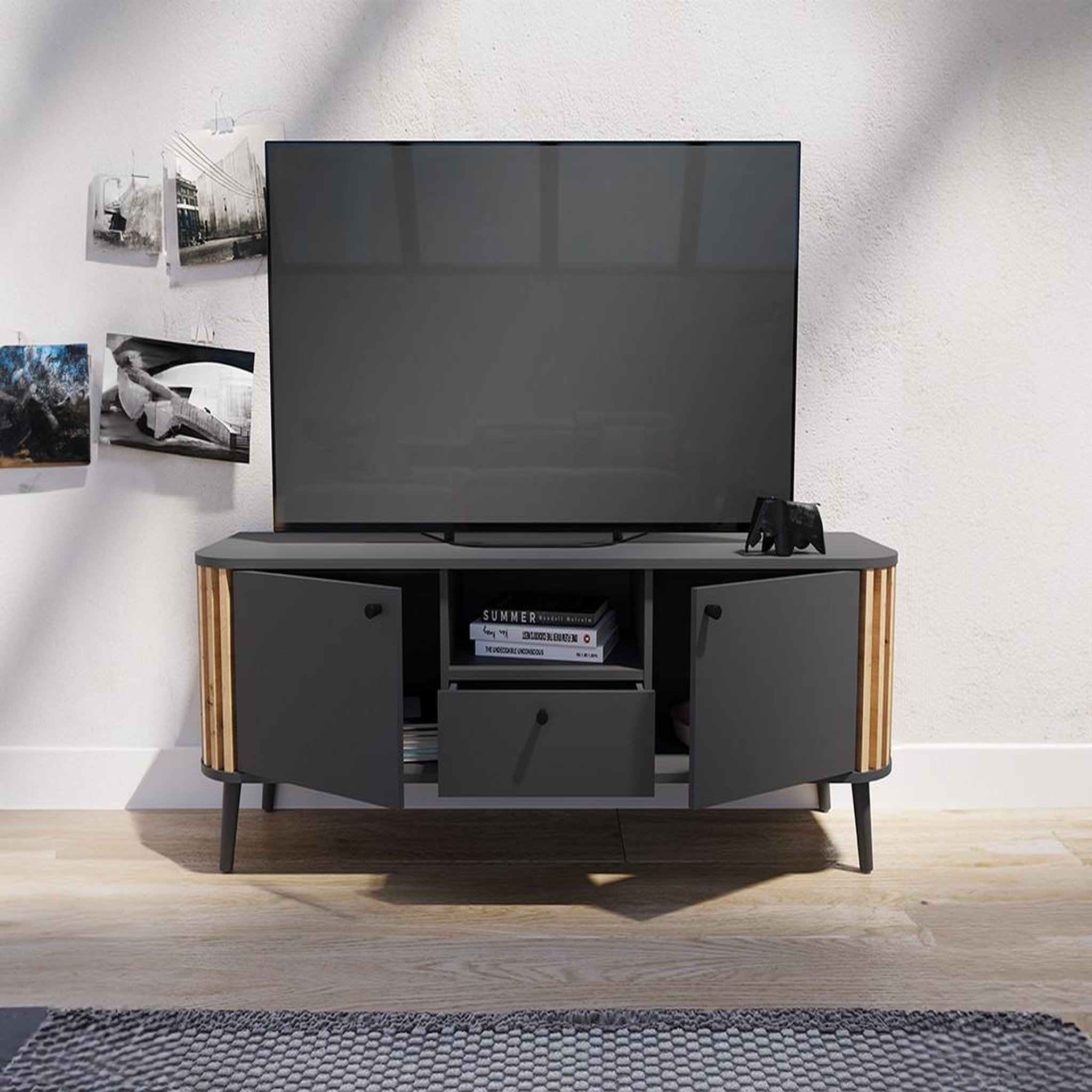 Voir la diapositive 4 : BEST MOBILIER Camberwell - meuble tv - gris et effet bois - 2 portes, 1 tiroir et 1 niche - 138 cm