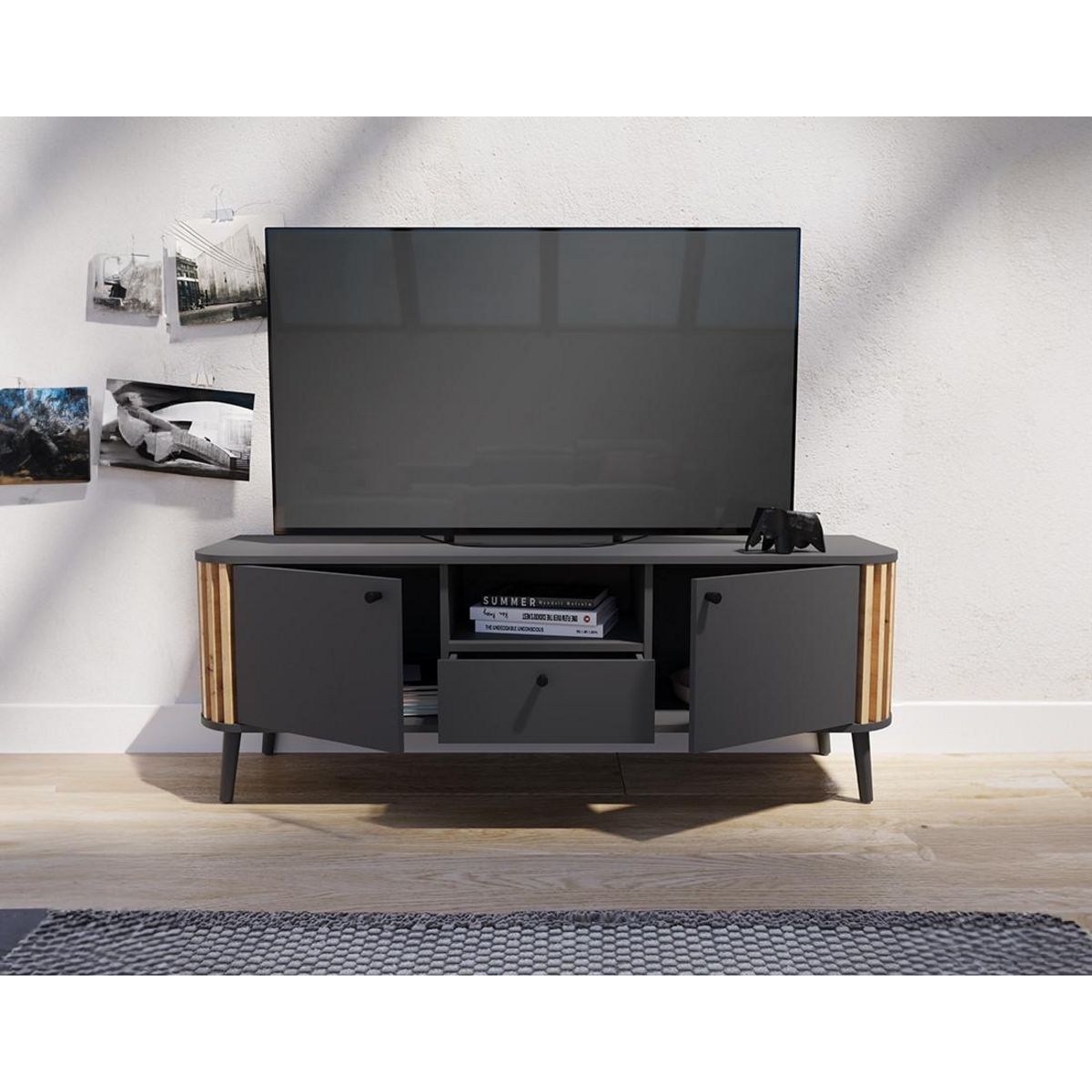 BEST MOBILIER Camberwell - meuble tv - gris et effet bois - 2 portes, 1 tiroir et 1 niche - 138 cm