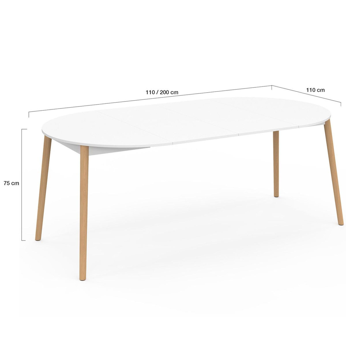 ID MARKET Table à manger extensible ronde ANGELA 4-10 personnes blanc pied bois 110 - 200 cm