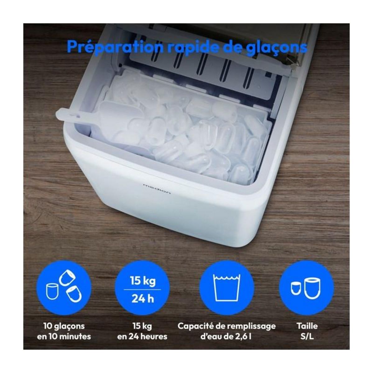 Medion MEDION Machine a glaçons (taille des glaçons petite & grande, réservoir d'eau de 2,6 litres, durée de production courte env.