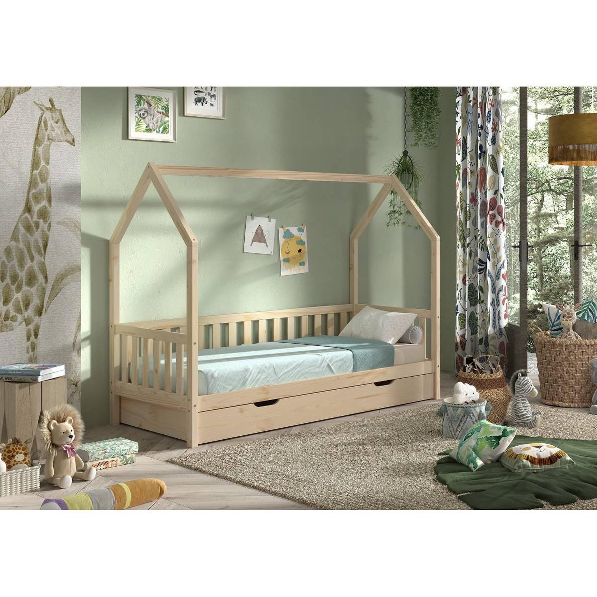 Voir la diapositive 5 : Paris Prix Pack - lit enfant & tiroir-lit  cabane  90x200cm naturel