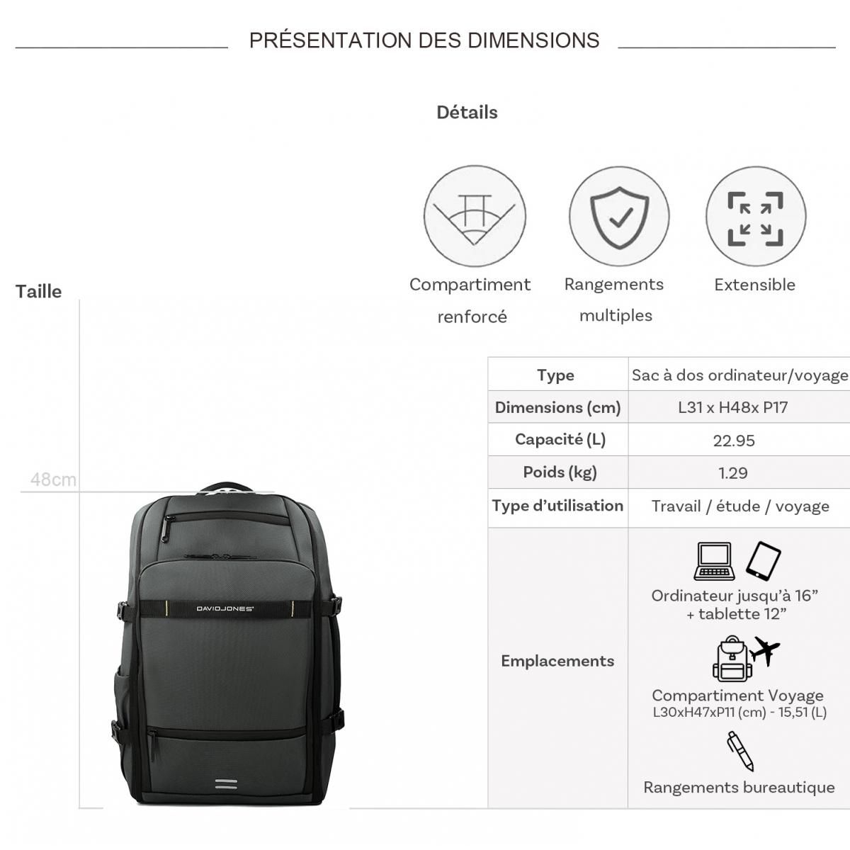 David Jones Sac à dos porte-ordinateur et voyage 16''