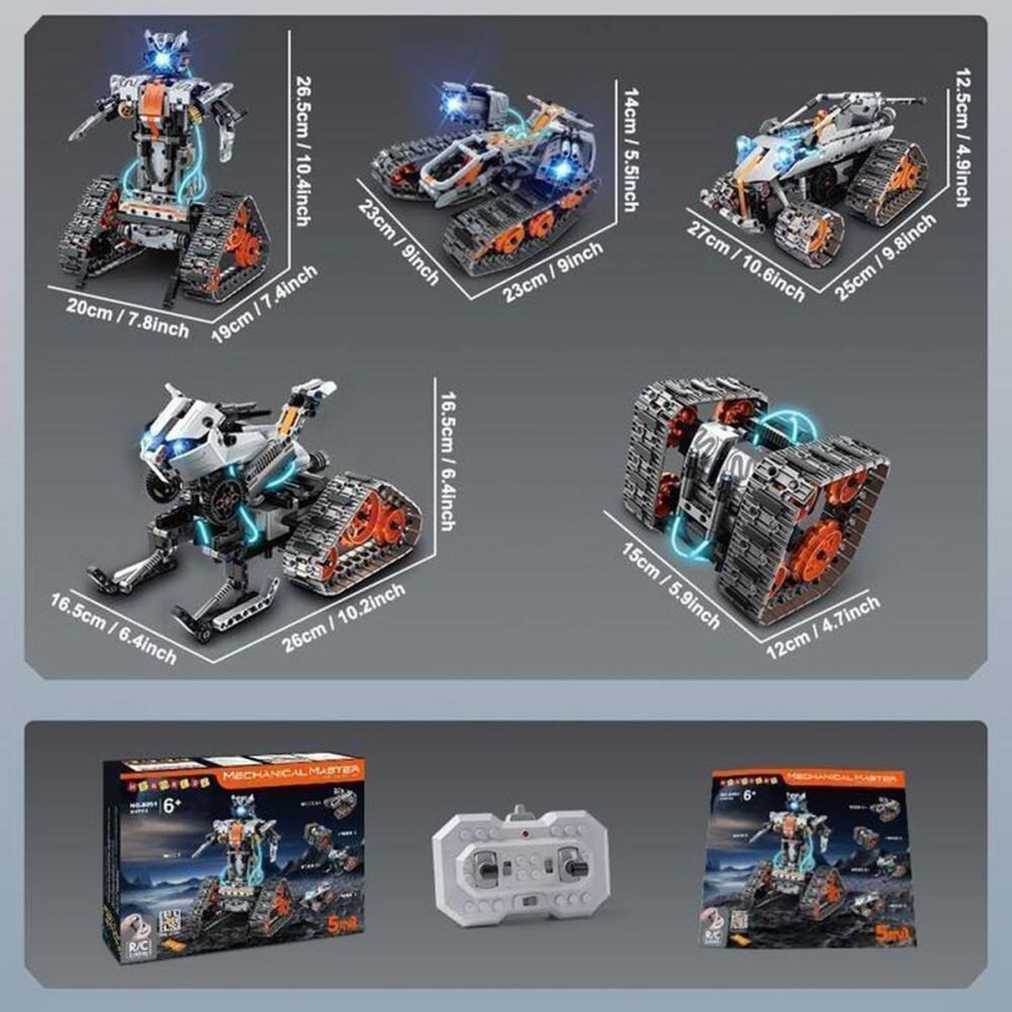 Voir la diapositive 5 : Set robot de construction RC 5 en 1 Technic 604 pièces avec LED, contrôle via application et programmation, 5 modèles pour enfants 6-12 ans
