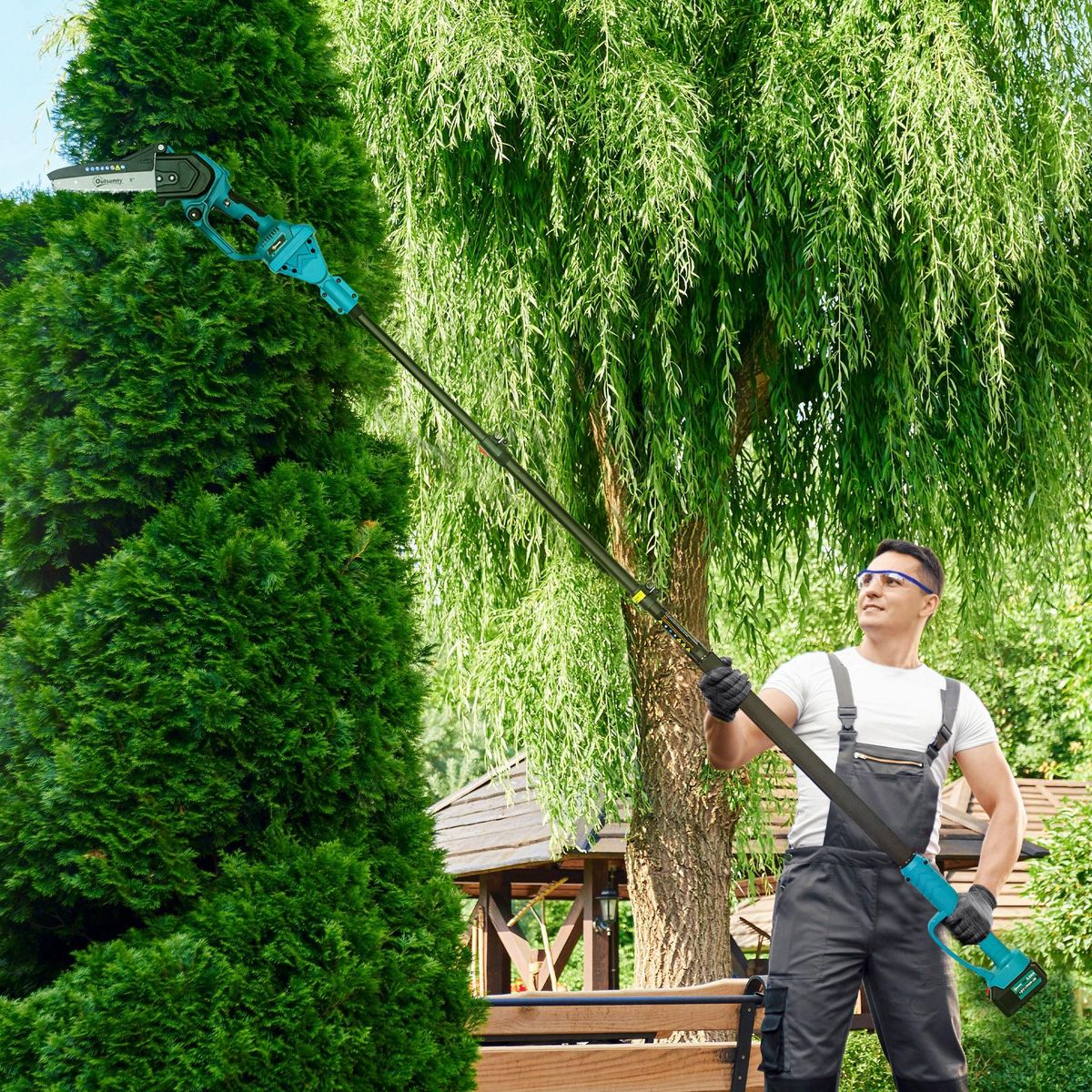 OUTSUNNY Mini tronçonneuse sans fil 580W - scie d'élagage électrique portable 18V 8 pouces - kit complet bleu