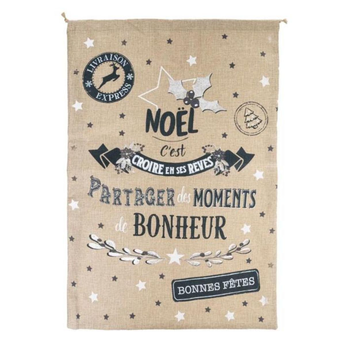 ATMOSPHERA Hotte de Noël Imprimée  Jute  70cm Beige & Bleu