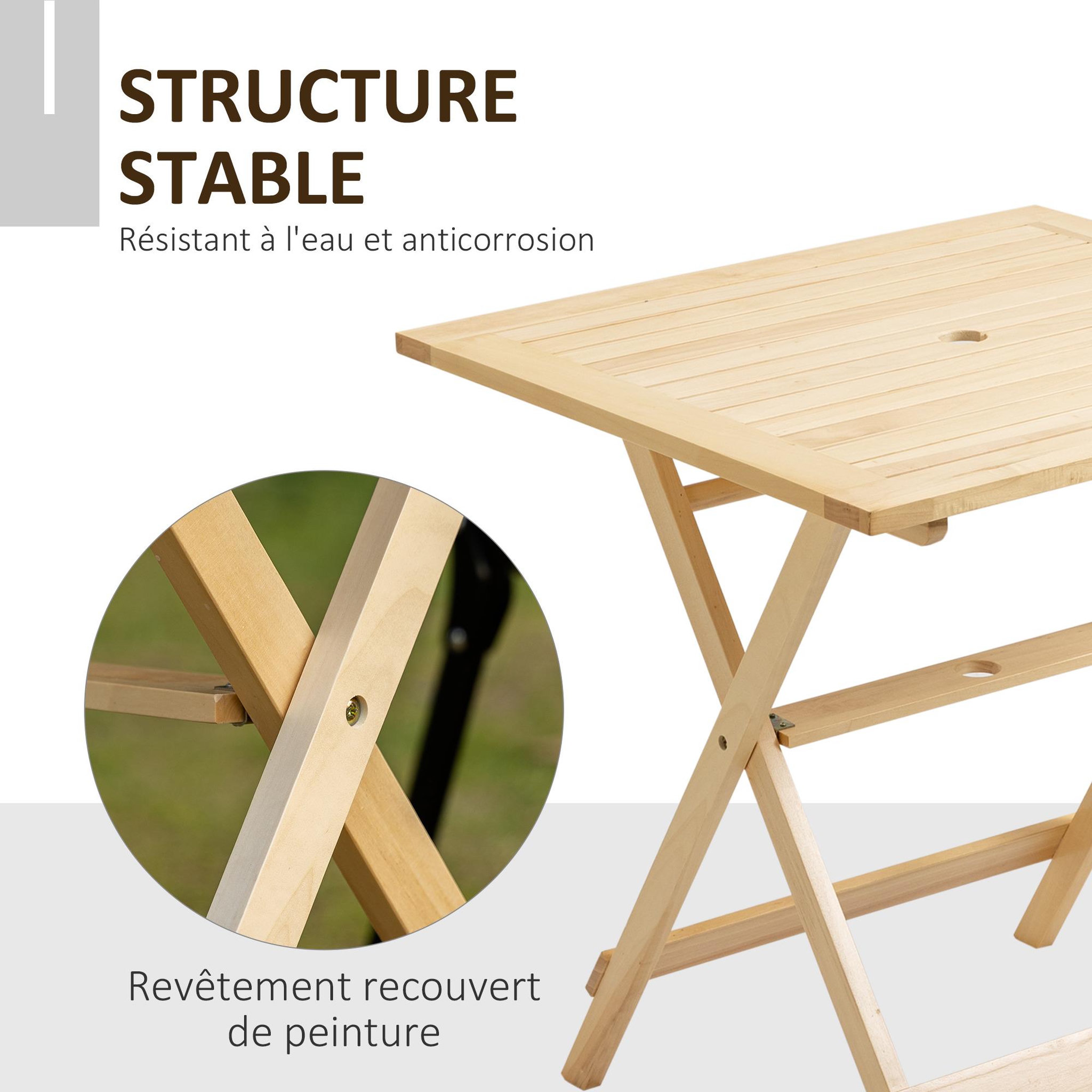 Voir la diapositive 5 : OUTSUNNY Table de jardin camping pliable plateau à lattes dim. 70L x 70l x 70H cm espace parasol bois sapin pré-huilé