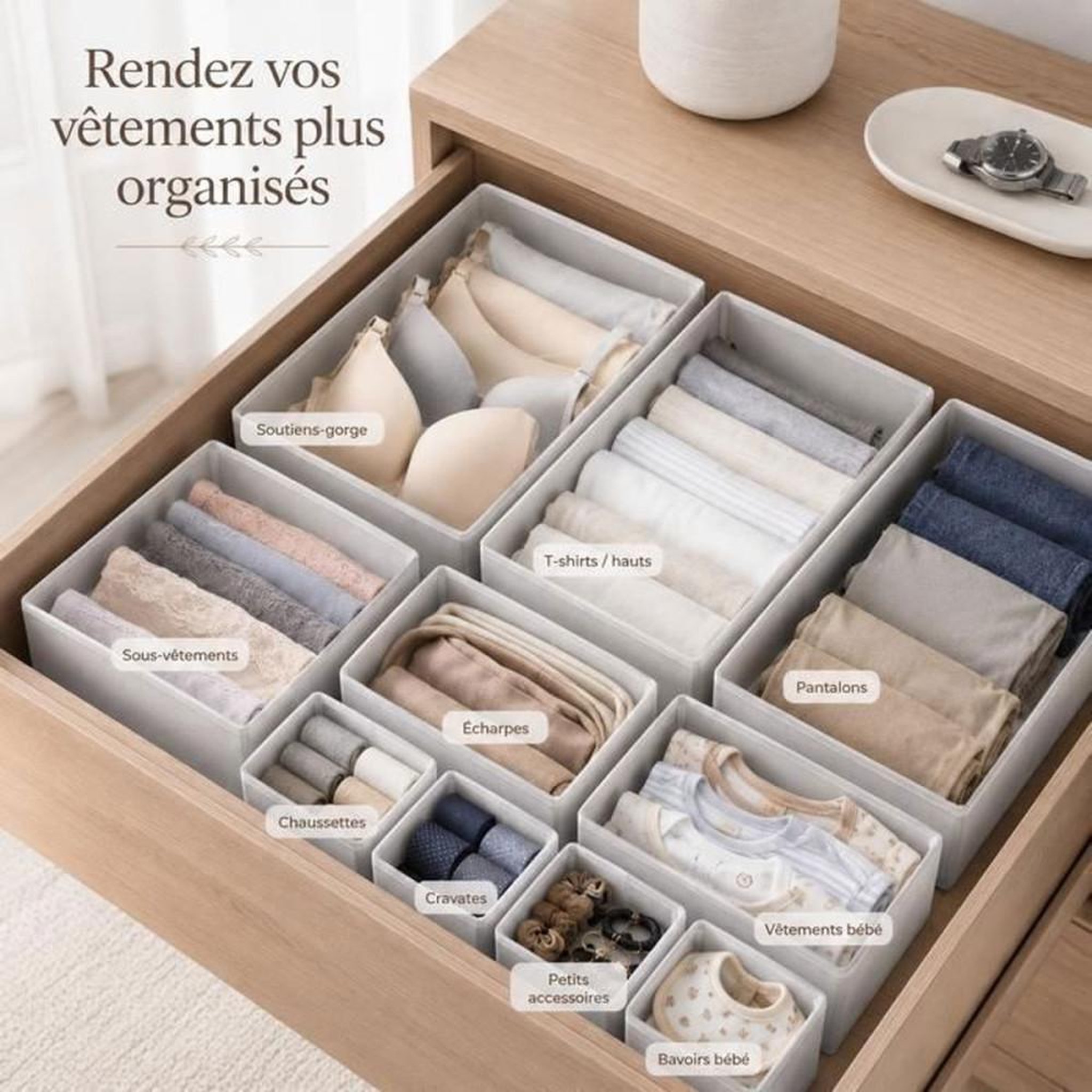 Voir la diapositive 3 : Set de 12 organisateurs de tiroir pliables en tissu, 3 tailles, hauteur 11,5 cm, gris clair