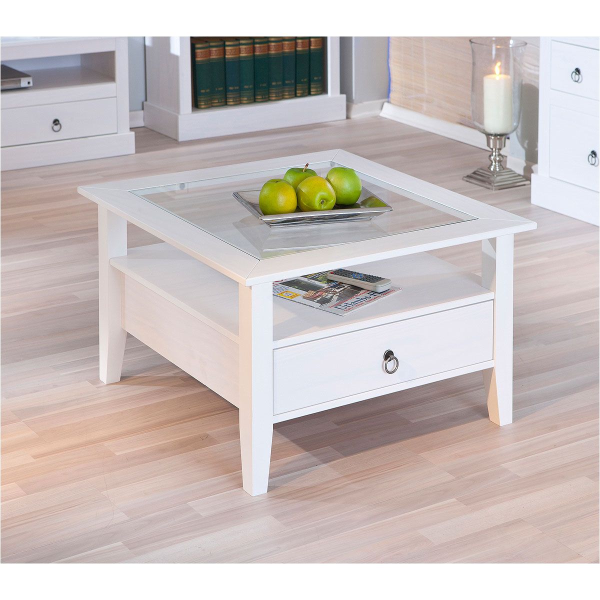 Table basse carrée en bois massif 1 tiroir plateau verre L75cm CASSIS