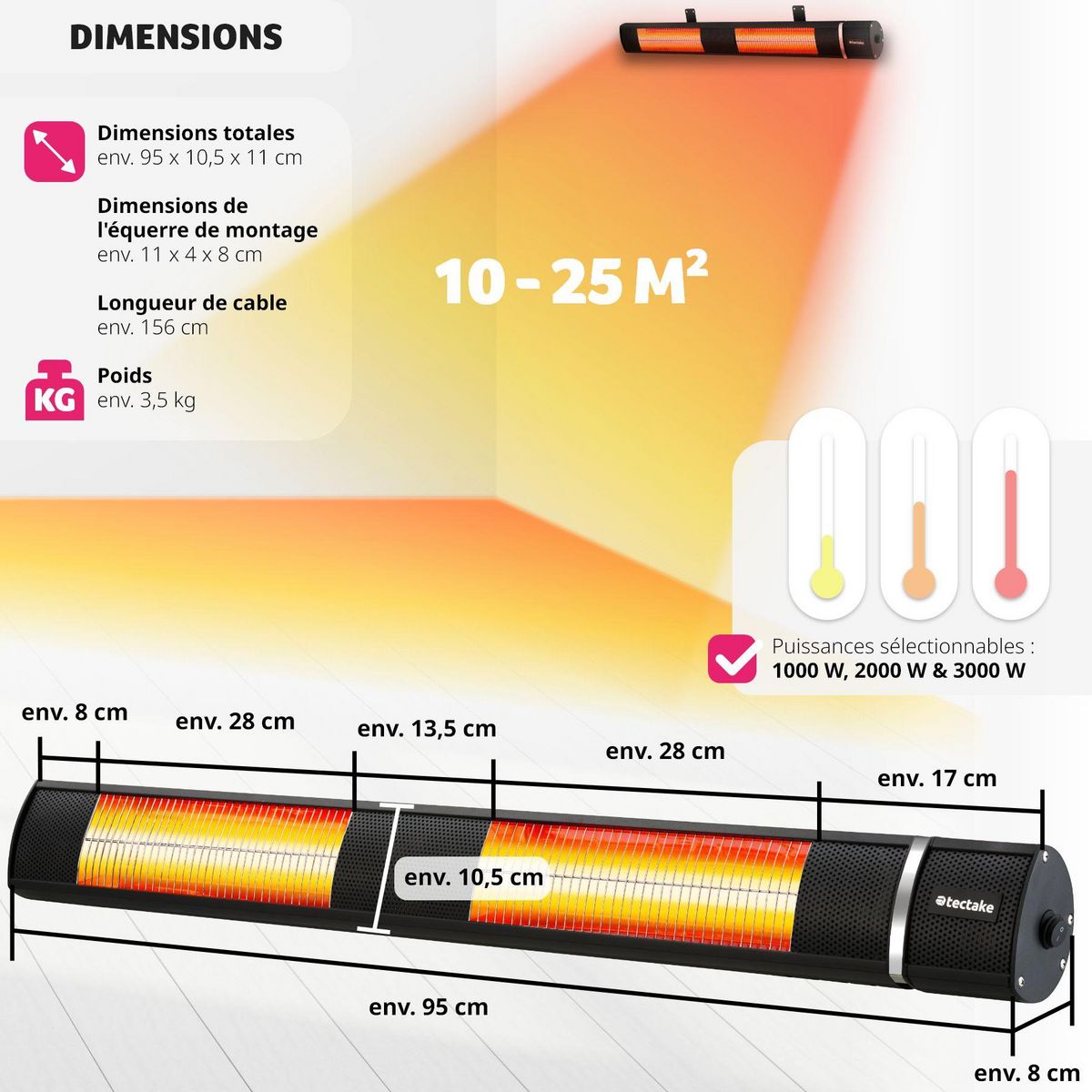 tectake Radiateur infrarouge 3 niveaux de puissance, 1000, 2000 et 3000 W noir