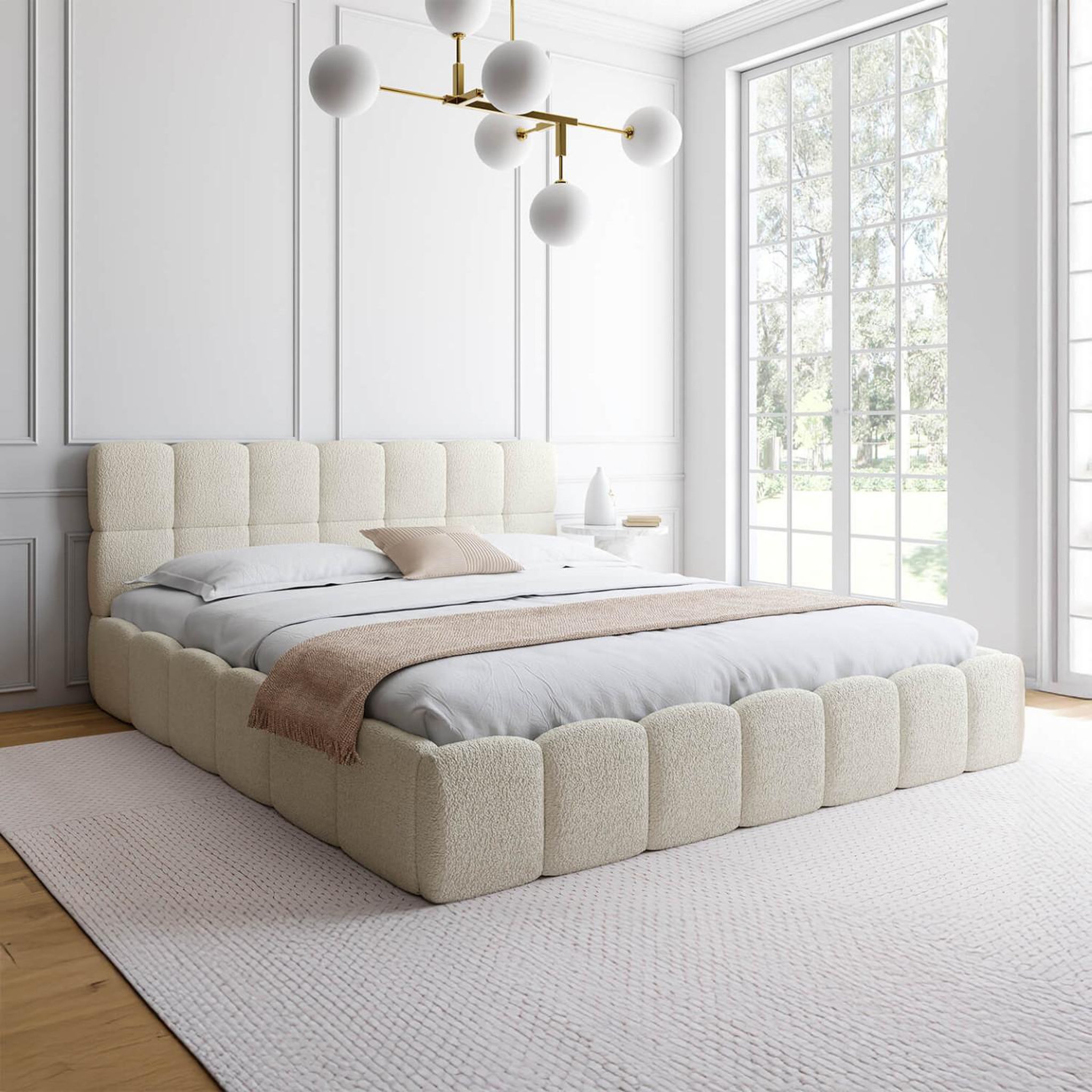 Voir la diapositive 4 : ID MARKET Lit coffre double nuage avec tête de lit matelassée et sommier 180 x 200 cm bouclette blanc