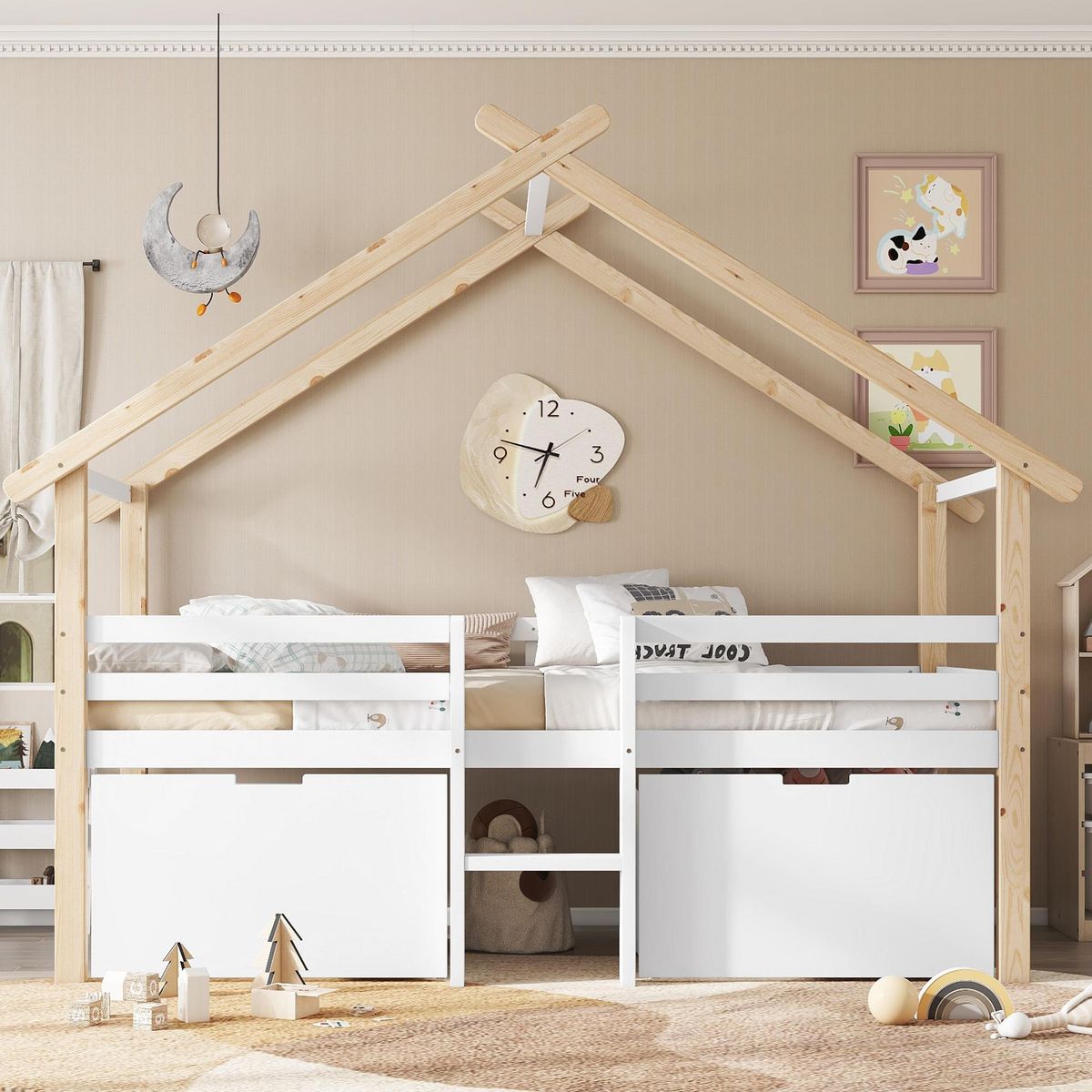 MERAX Lit cabane enfant 90x200cm bois et mdf coloris blanc+naturel
