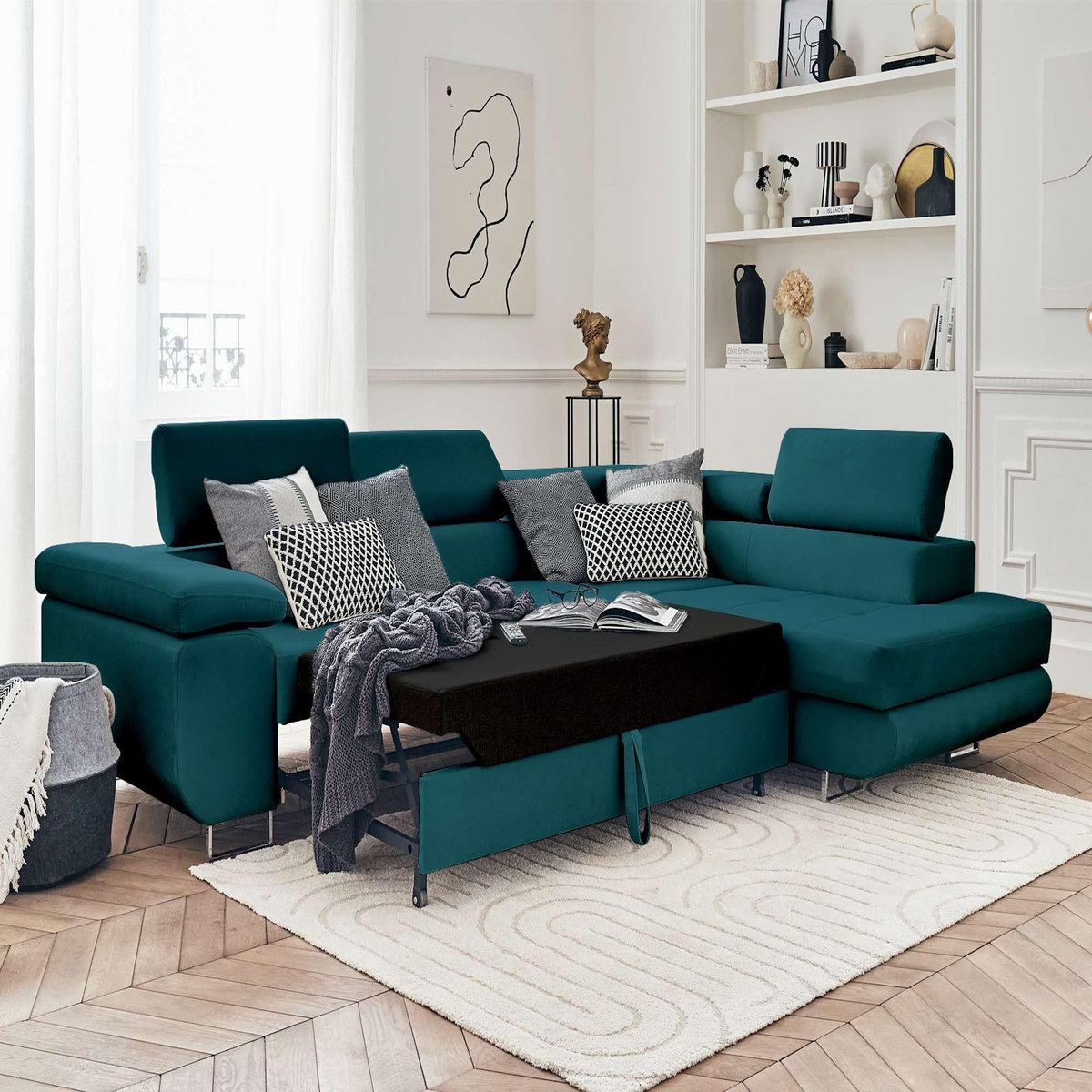 BEST MOBILIER Pablo - canapé d'angle droit - 5 places - convertible avec coffre et têtières réglables - en velours