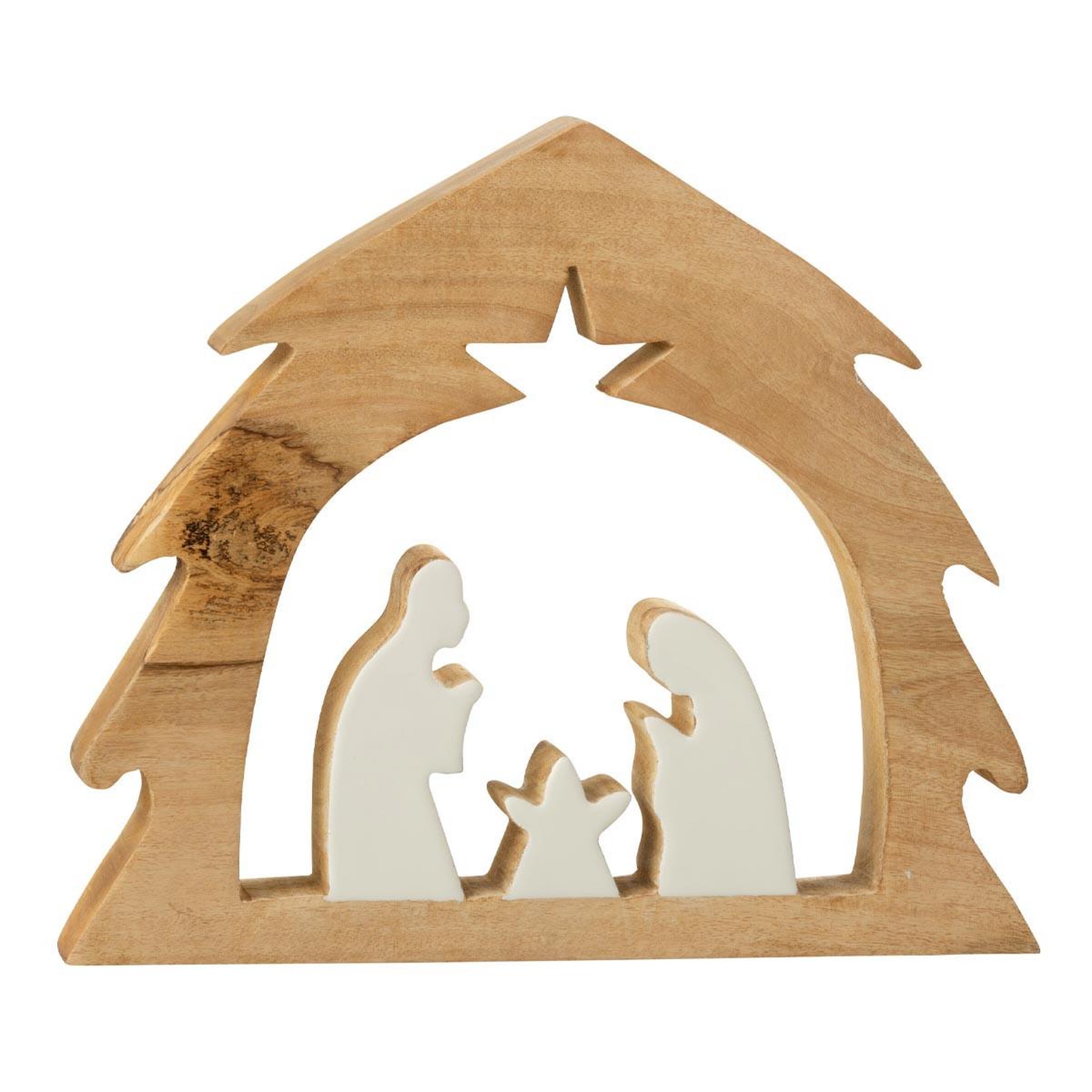 J-LINE Crèche sapin en bois  ajourée  37cm blanc & naturel