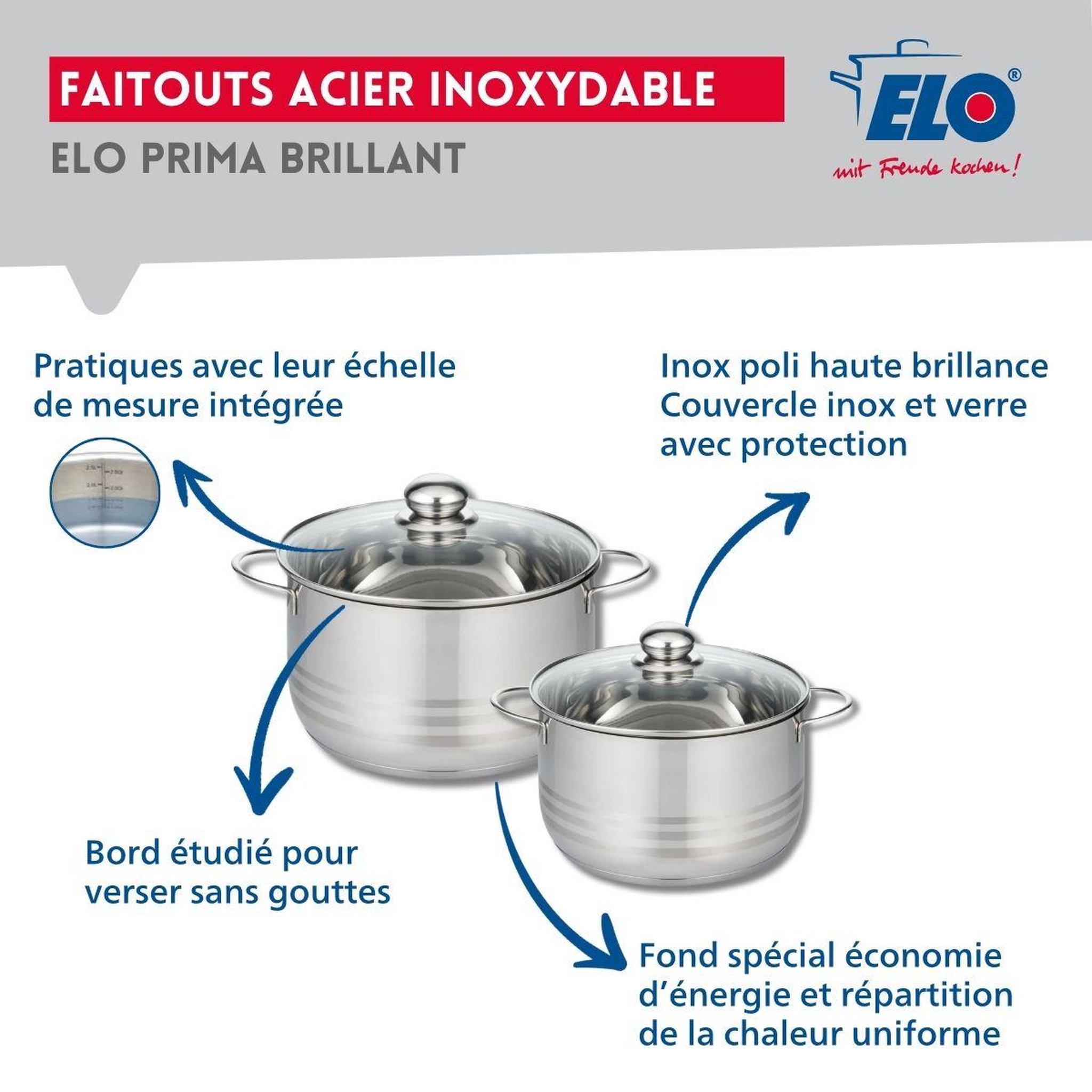 Voir la diapositive 3 : ELO Ensemble de 2 poêles de cuisson 20 et 28 cm et 2 faitouts 20 et 24 cm elo prima brillant