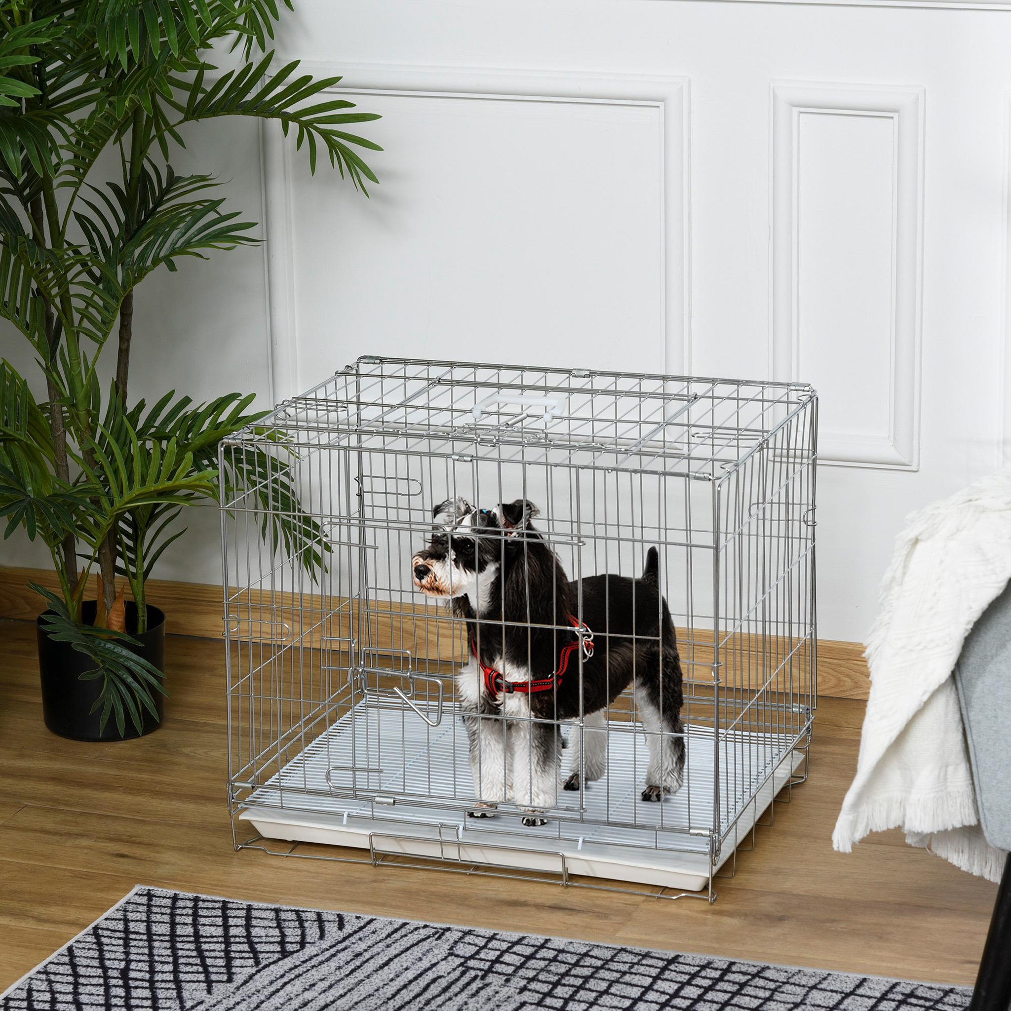 Voir la diapositive 2 : PAWHUT Cage pour chien pliable - plateau excrément coulissant - 2 portes verrouillable, poignée - dim. 61l x 43l x 50h cm - fer galvanisé pp blanc