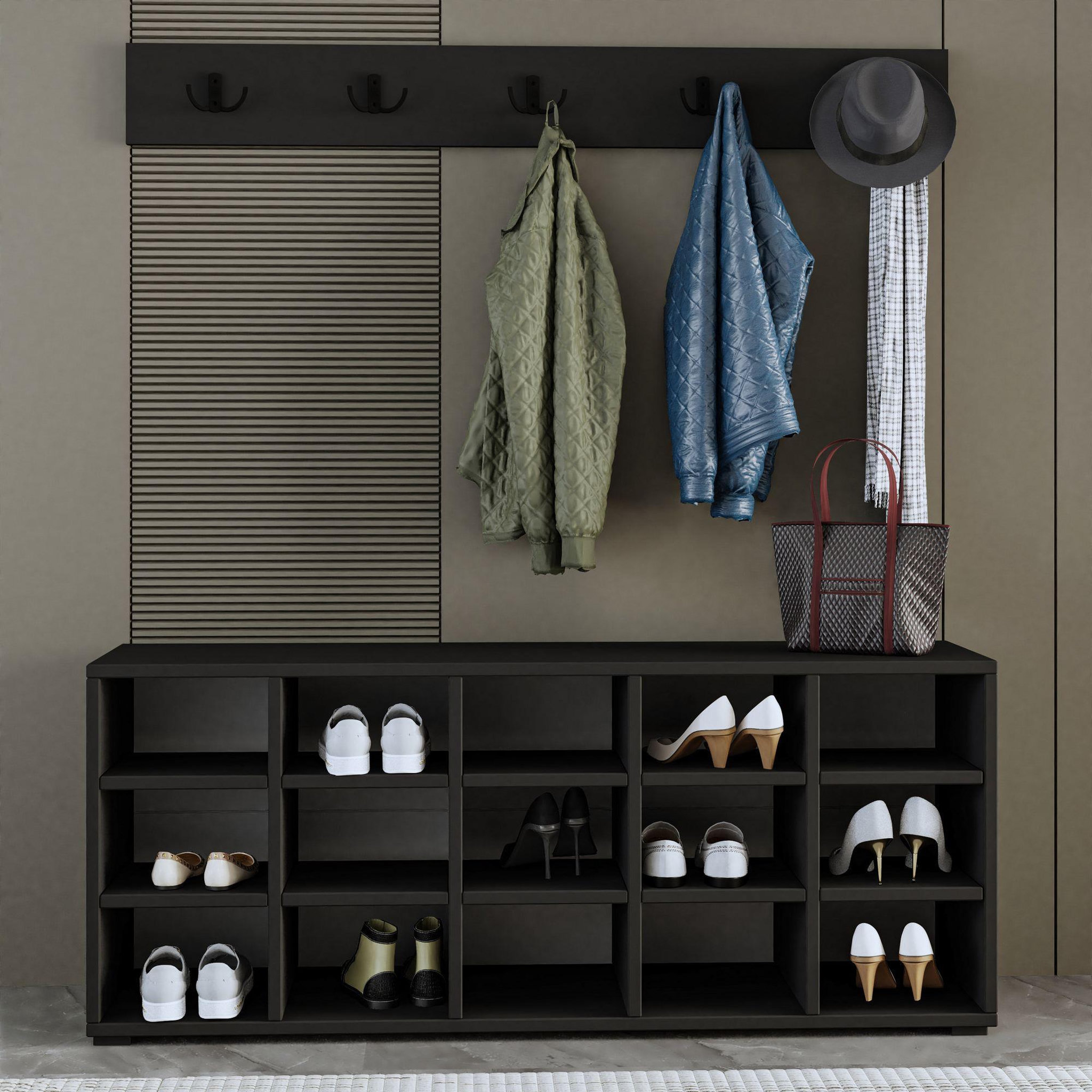 Voir la diapositive 3 : Habitat et Jardin Meuble à chaussures avec porte manteau en bois  talu  - 120 x 30 x 52 cm - gris anthracite