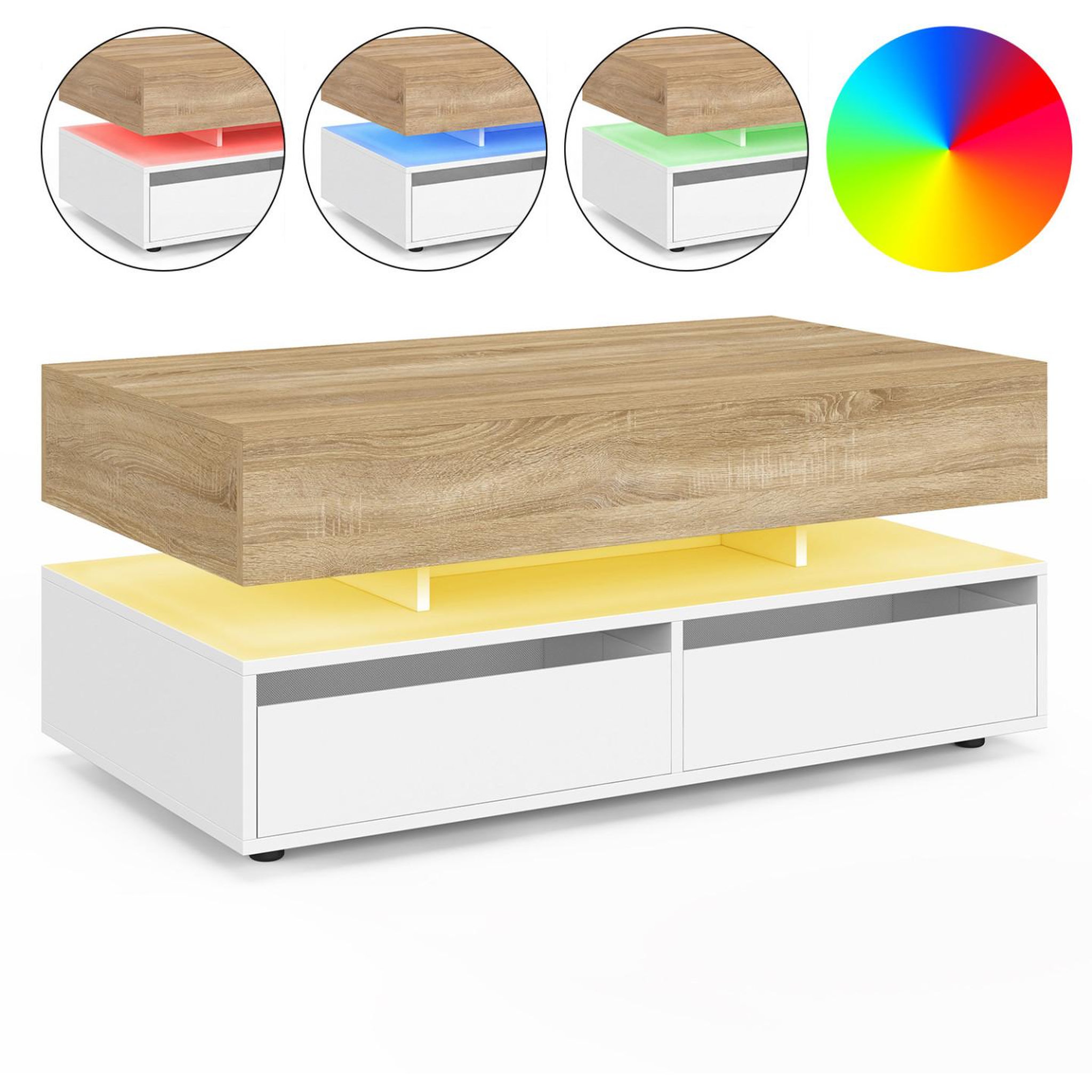 Voir la diapositive 4 : ID MARKET Table basse plateau relevable rectangulaire elsa 90 cm 4 tiroirs avec led en bois blanc et plateau façon hêtre
