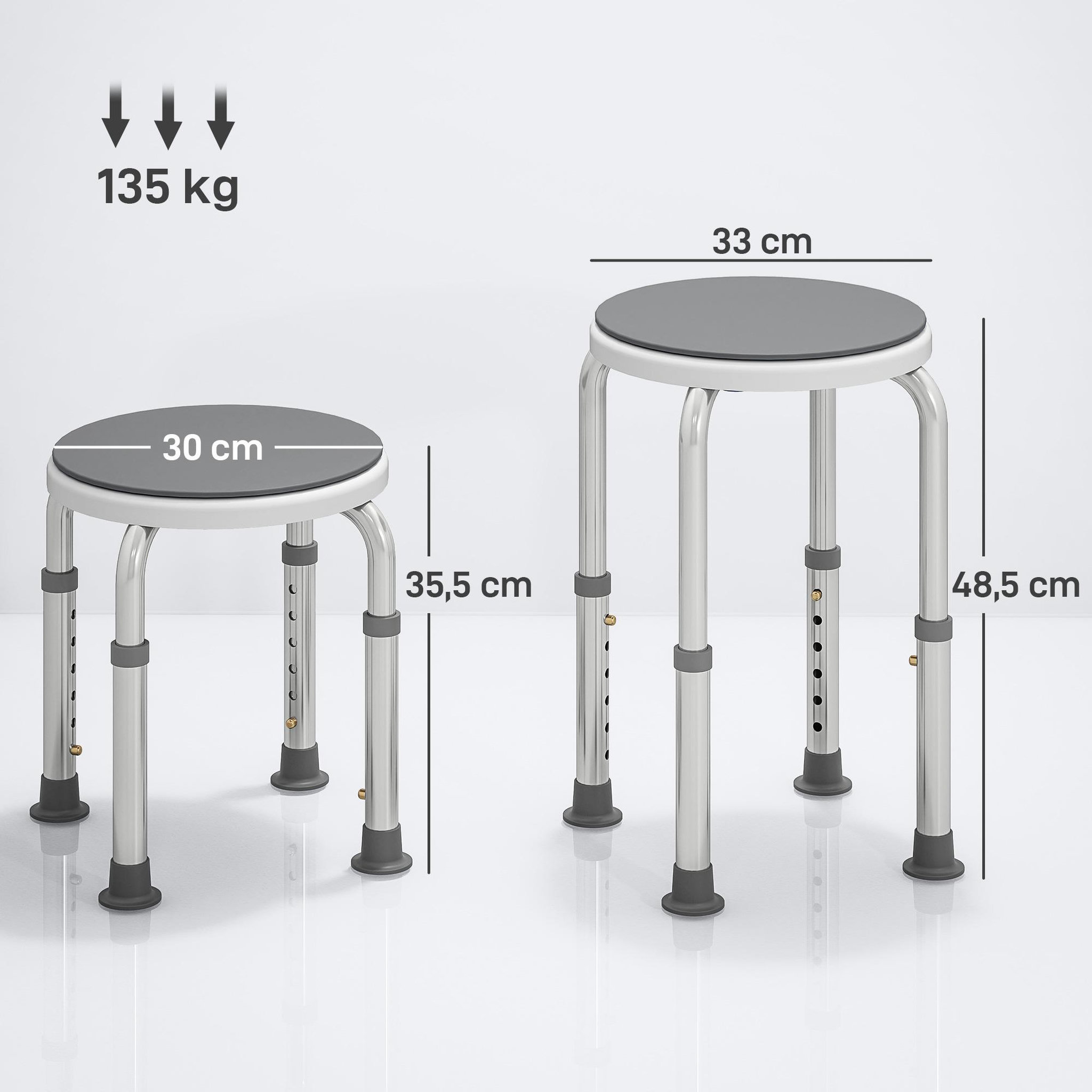 Voir la diapositive 3 : HOMCOM Tabouret de douche siège de douche - hauteur réglable, pivotant 360° - alu pp blanc gris