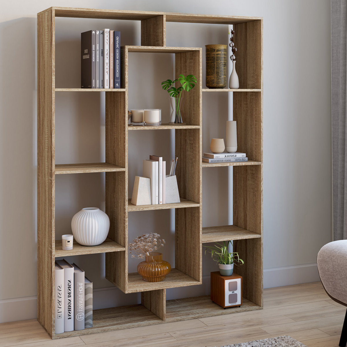 ID MARKET Etagère bibliothèque COLETTE avec 11 compartiments effet bois H.143 cm