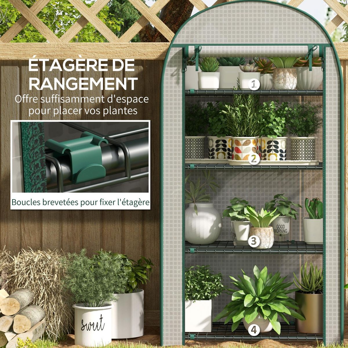 OUTSUNNY Serre de jardin serre de balcon 4 étagères métal porte zippée enroulable 80 x 49 x 160 cm PE blanc