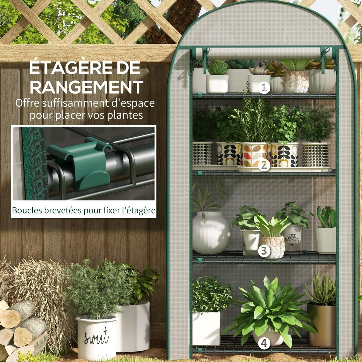 OUTSUNNY Serre de jardin serre de balcon 4 étagères métal porte zippée enroulable 80 x 49 x 160 cm PE blanc