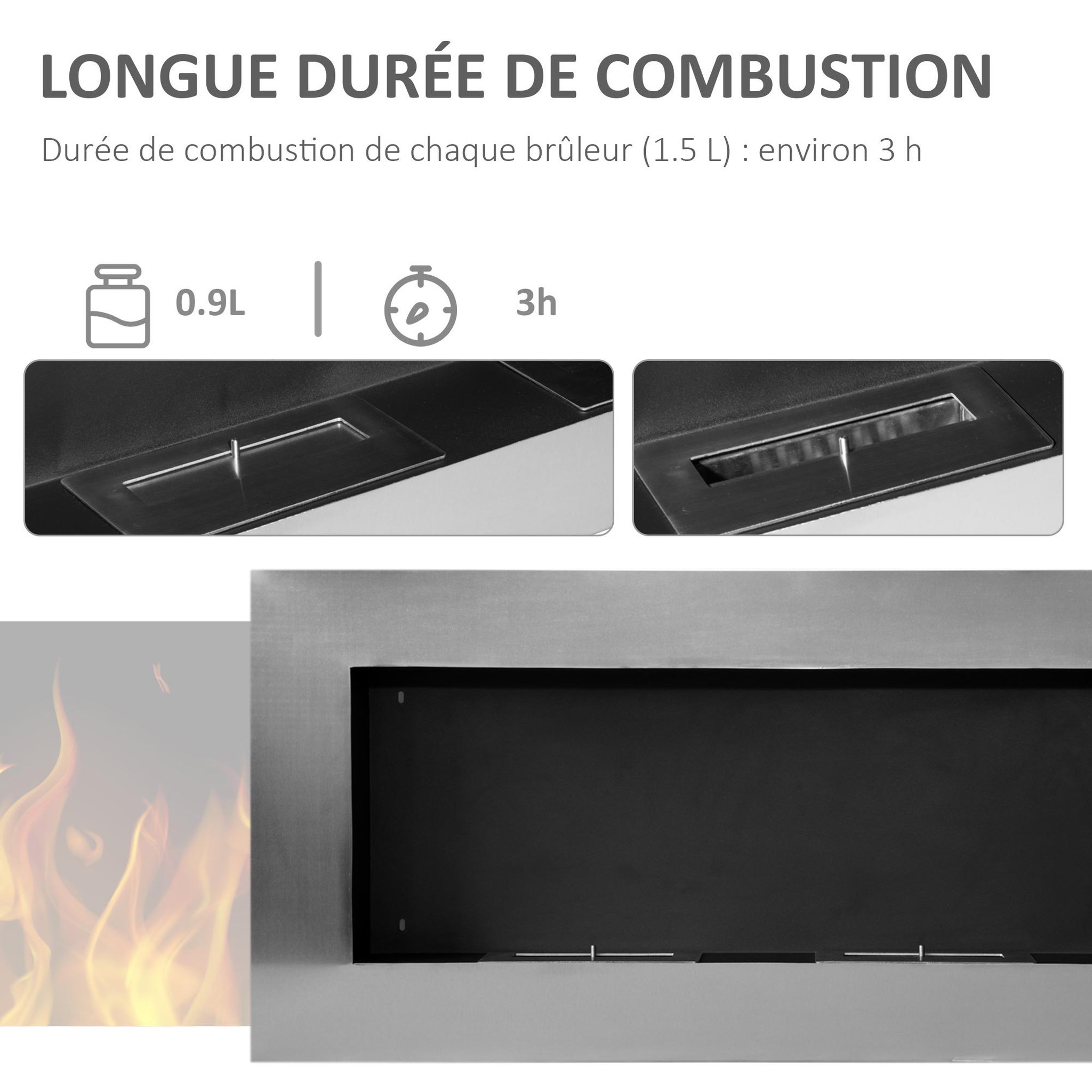 Voir la diapositive 5 : HOMCOM Cheminée bioéthanol murale design bauhaus double brûleur 3 l 110l x 14l x 54h cm couverture 25-30 m² acier inox. Brossé