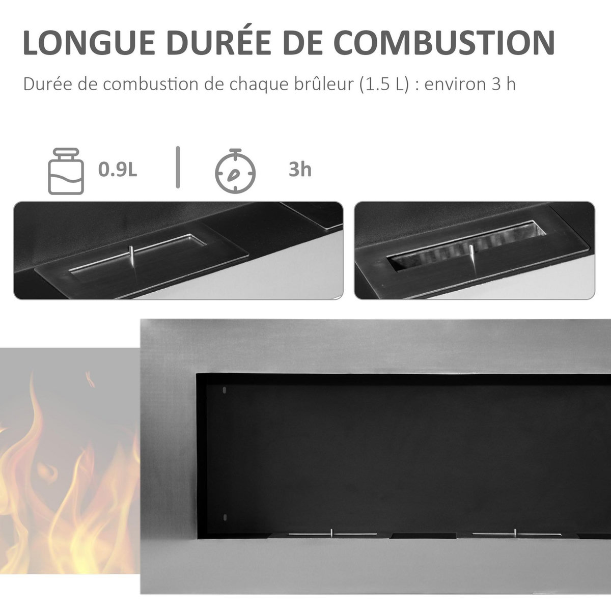HOMCOM Cheminée bioéthanol murale design Bauhaus double brûleur 3 L 110L x 14l x 54H cm couverture 25-30 m² acier inox. brossé