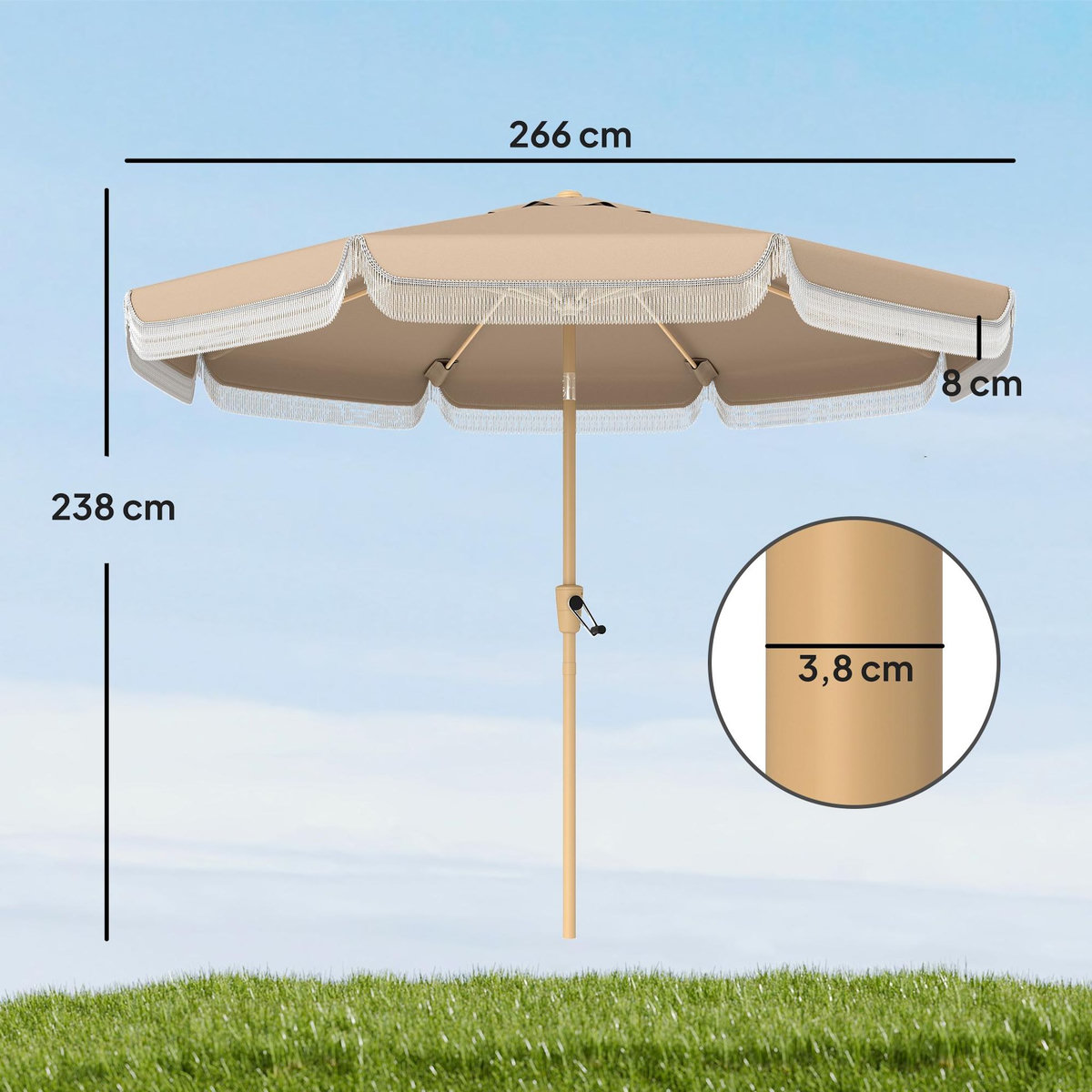 OUTSUNNY Parasol inclinable dia. 2,66m lambrequin ondulé à franges kaki beige