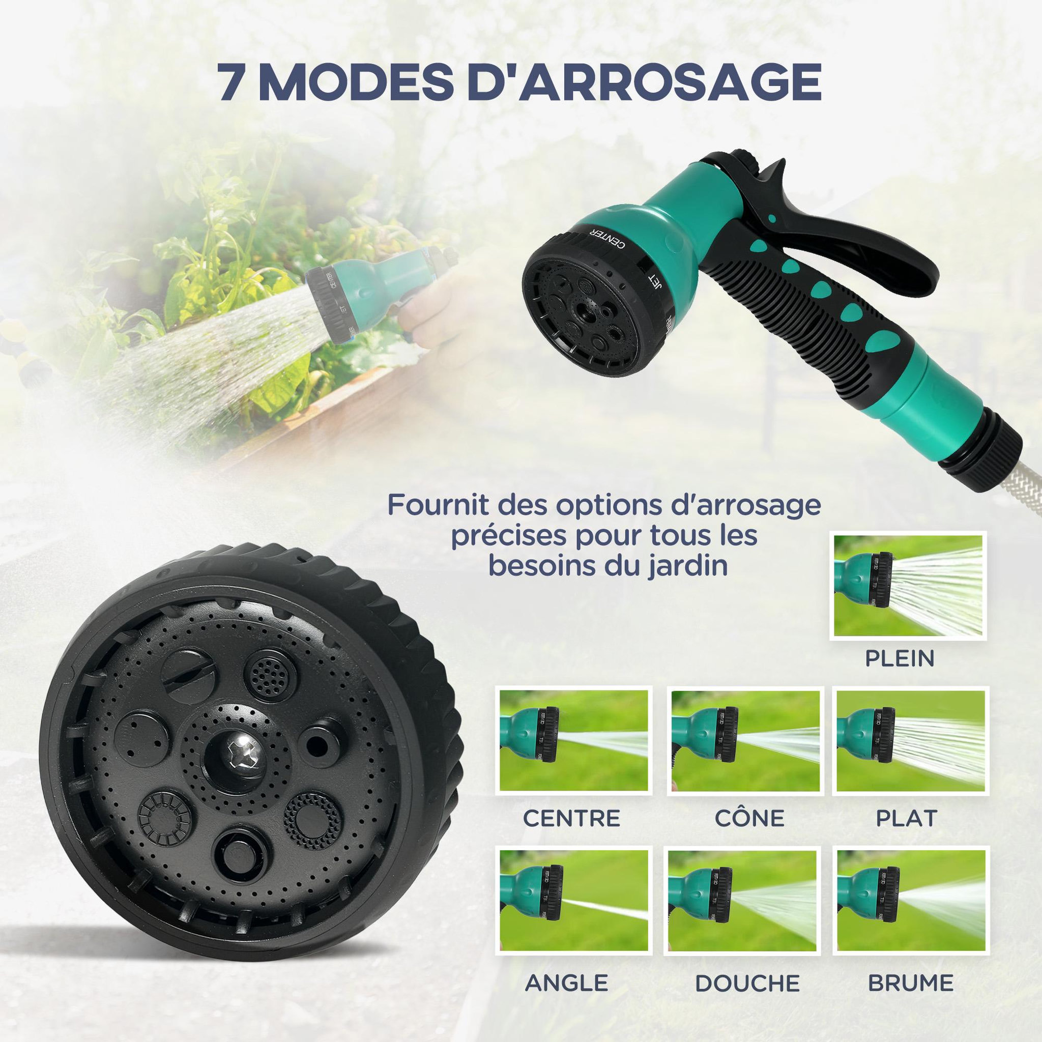 Voir la diapositive 6 : OUTSUNNY Dévidoir mural enrouleur automatique pivotant 180° tuyau 25 + 2 m avec lance arrosage 7 modes support mural intégré gris clair bleu