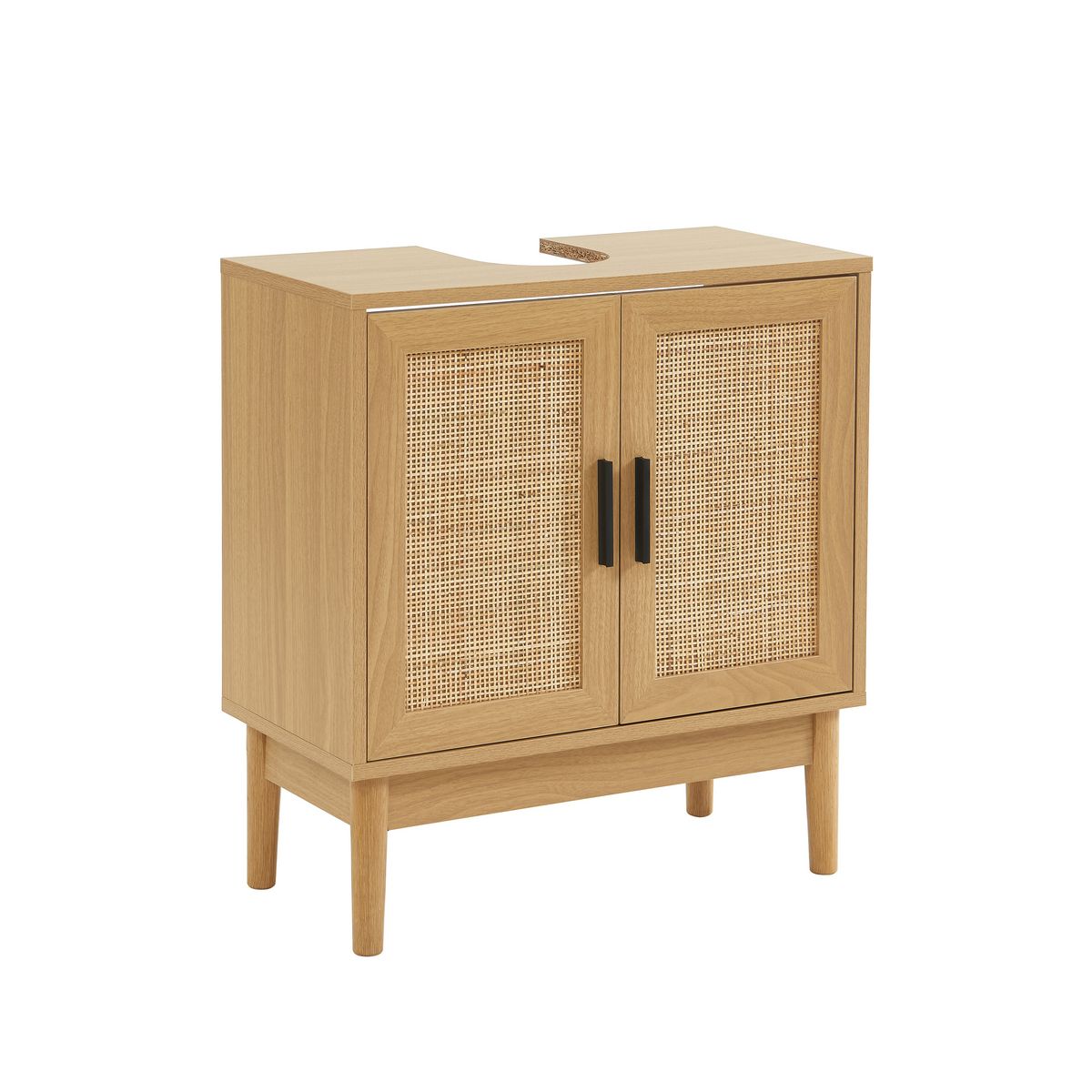 Ensemble Colonnes de rangement salle de bain avec cannage naturel H150cm + H100cm + Meuble sous vasque AMANDINE