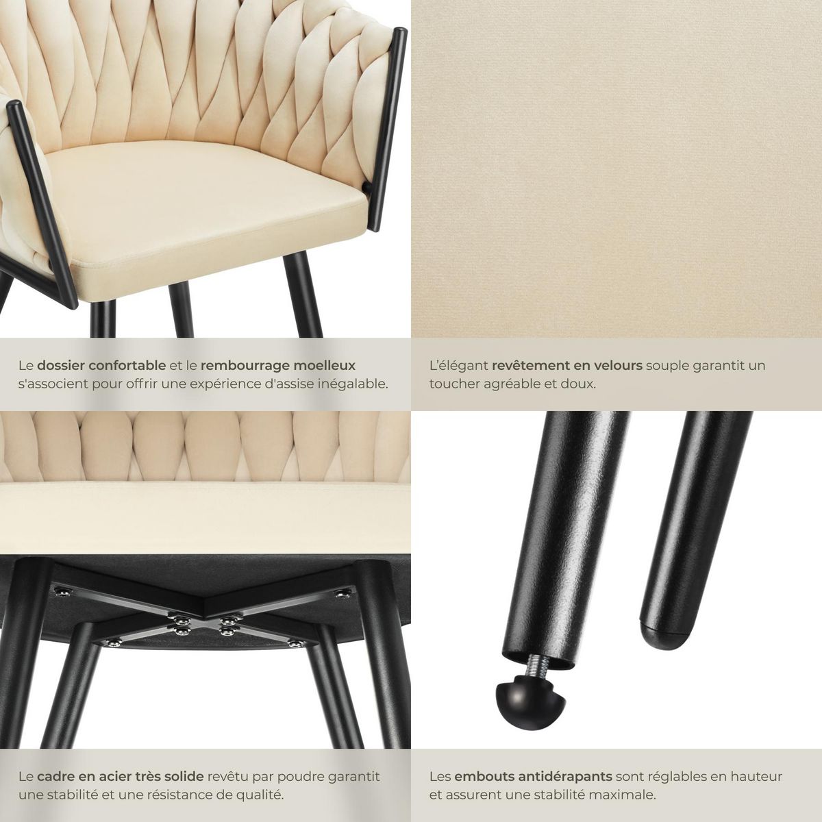 tectake Lot de chaises de salle à manger rembourrée avec revêtement en velours et design noué sable Lot de 6