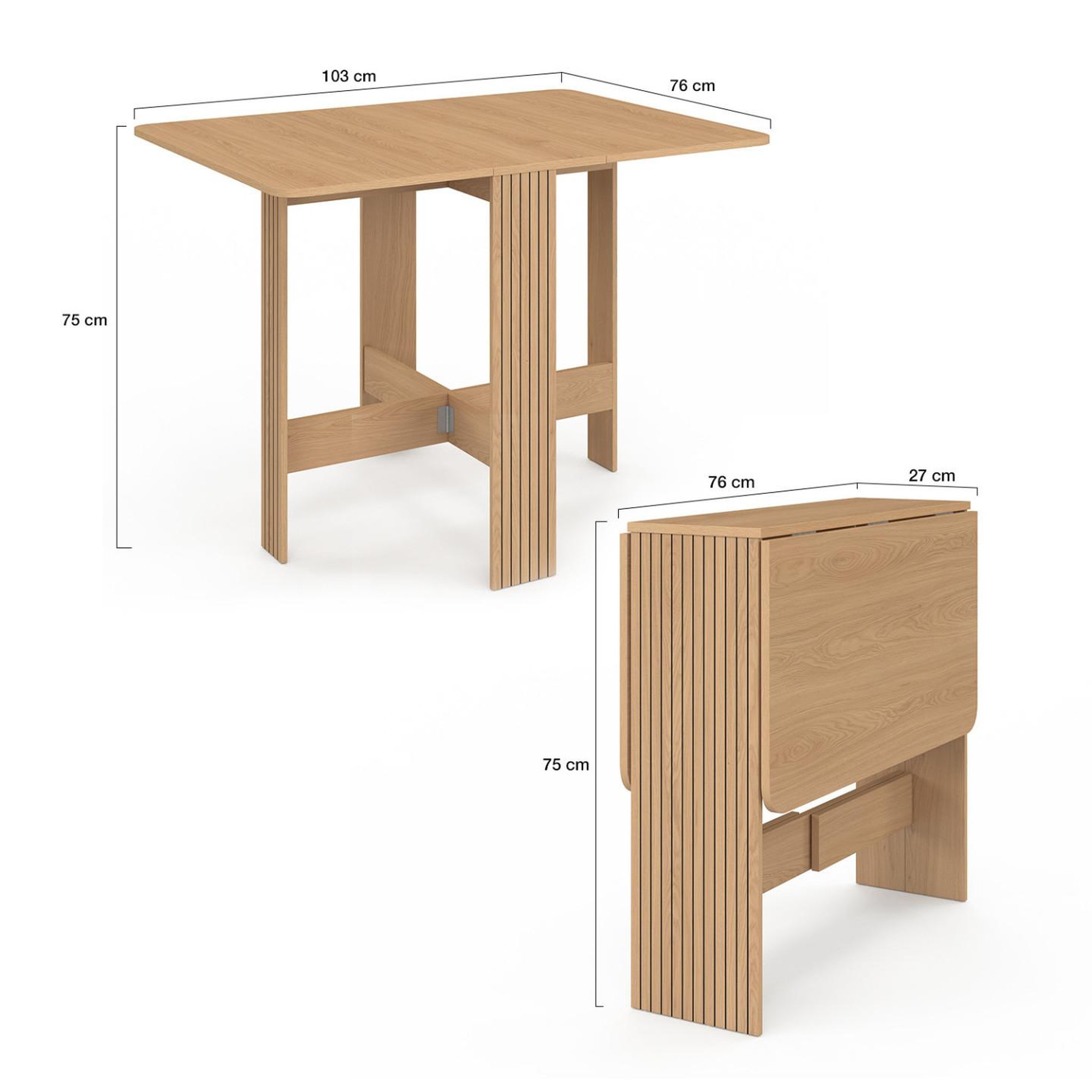 Voir la diapositive 5 : ID MARKET Table console pliable juliette 2-4 personnes lattes tasseaux de bois coloris chêne 103 x 76 cm