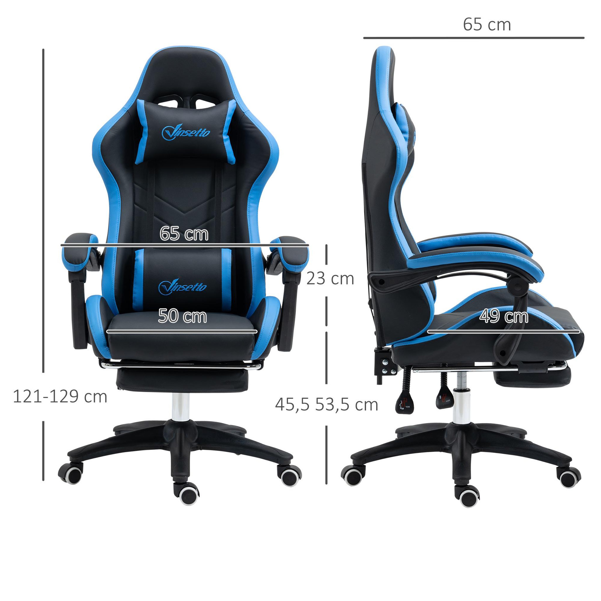 Voir la diapositive 3 : VINSETTO Chaise gaming - chaise de bureau gamer inclinable réglable repose-pieds rétractable coussins synthétique noir bleu