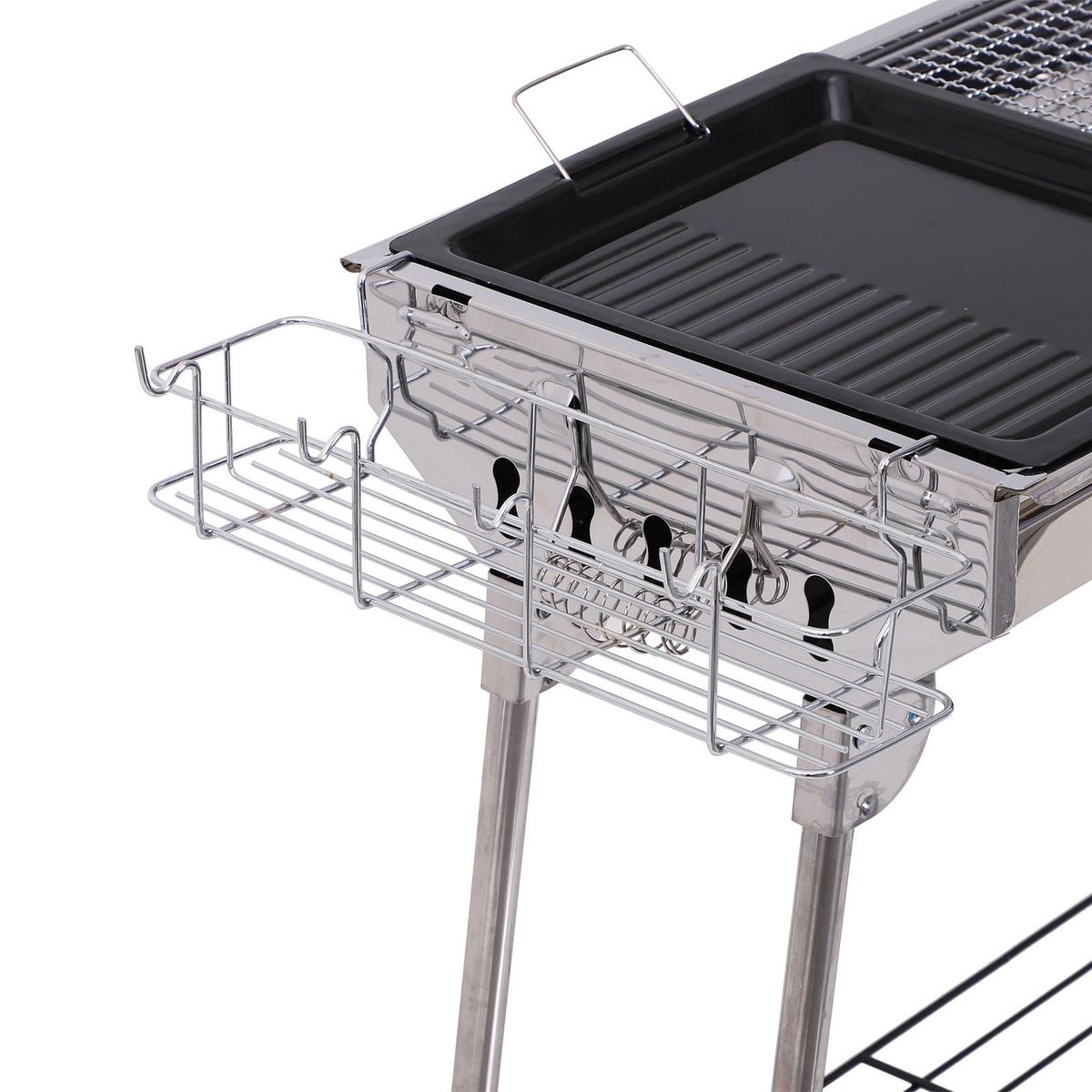 OUTSUNNY Outsunny Barbecue à charbon pliable portable BBQ grill sur pied avec étagères + grille + plaque cuisson dim. 104L x 33l x 70H cm acier inox.