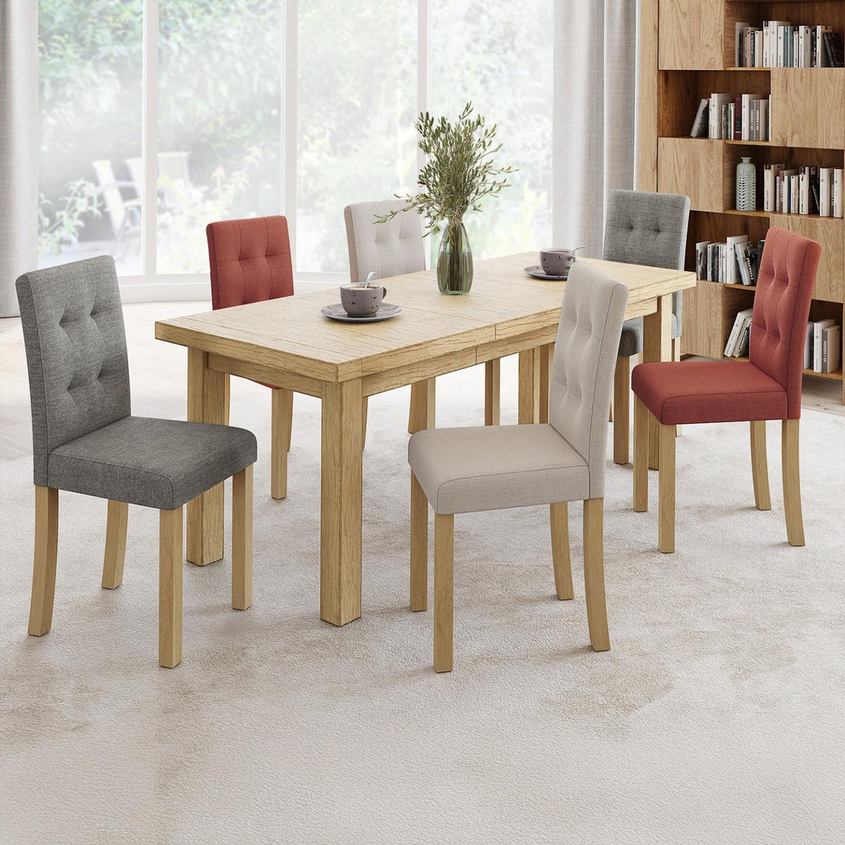 ID MARKET Lot de 6 chaises POLGA capitonnées mix color gris, terracotta et beige