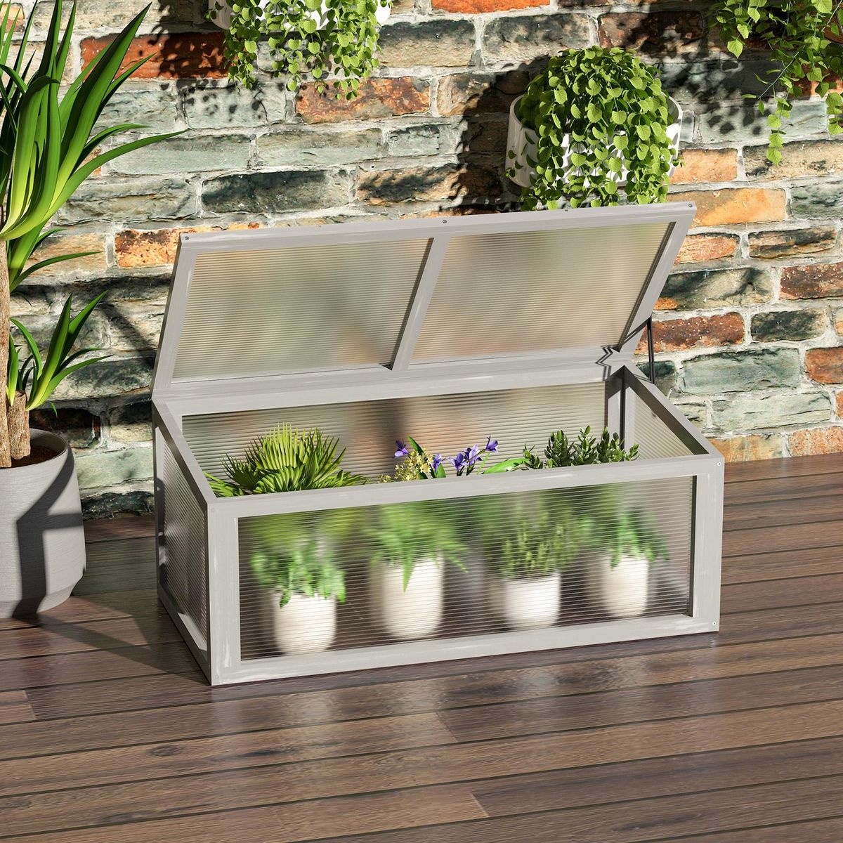 OUTSUNNY Mini serre de jardin serre à tomates dim. 90L x 46l x 40H cm toit ouvrable panneaux de polycarbonate bois sapin pré-huilé gris