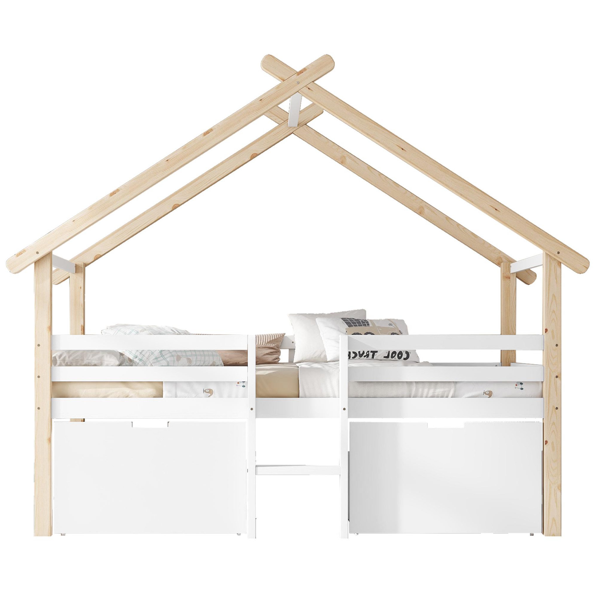 MERAX Lit cabane enfant 90x200cm bois et mdf coloris blanc+naturel