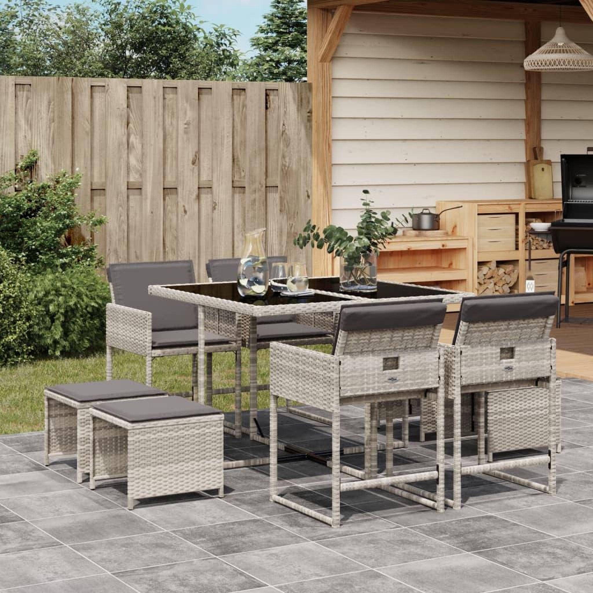 VIDAXL Ensemble a manger de jardin et coussins 9 pcs gris clair rotin