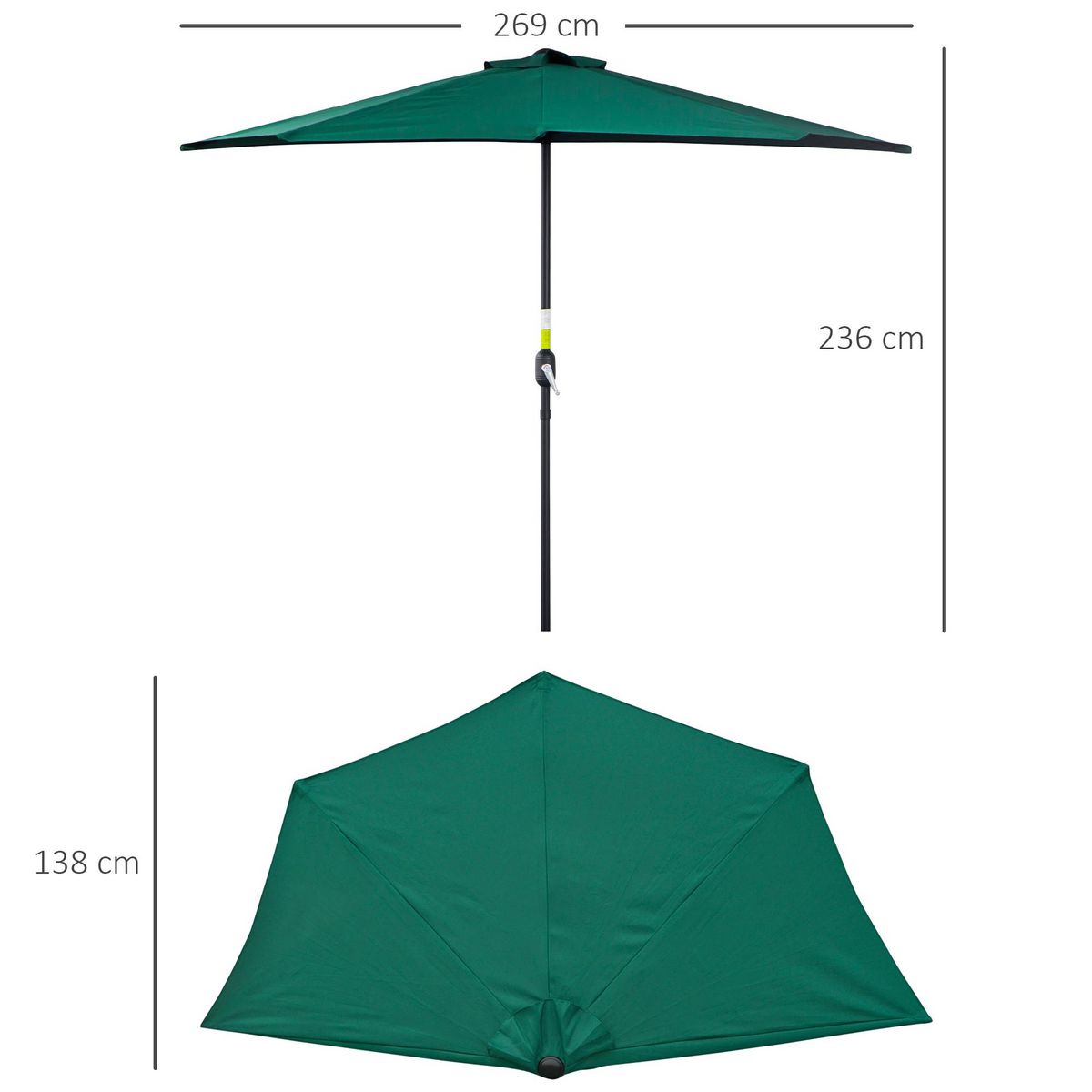 OUTSUNNY Demi parasol, parasol de balcon 5 entretoises métal polyester 2,69L x 1,38l x 2,36H m vert
