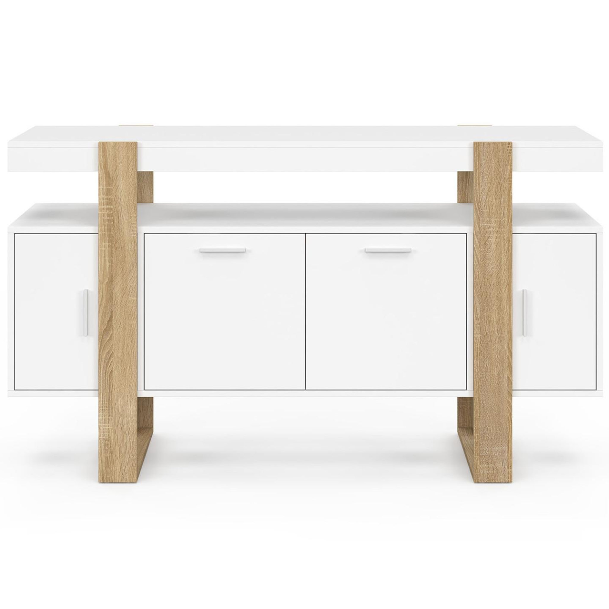 Voir la diapositive 3 : ID MARKET Buffet 140 cm phoenix 4 portes blanc et bois