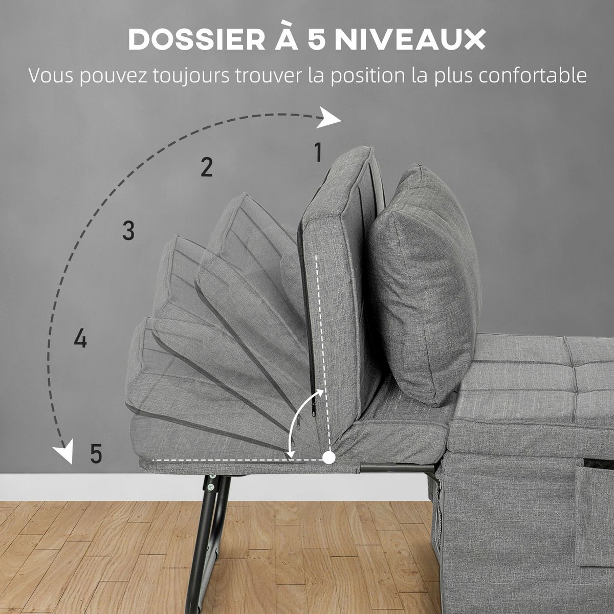 HOMCOM Fauteuil relax canapé pouf lit d'appoint 4 en 1 dossier inclinable 5 niveaux repose-pied rabattable châssis acier noir polyester gris