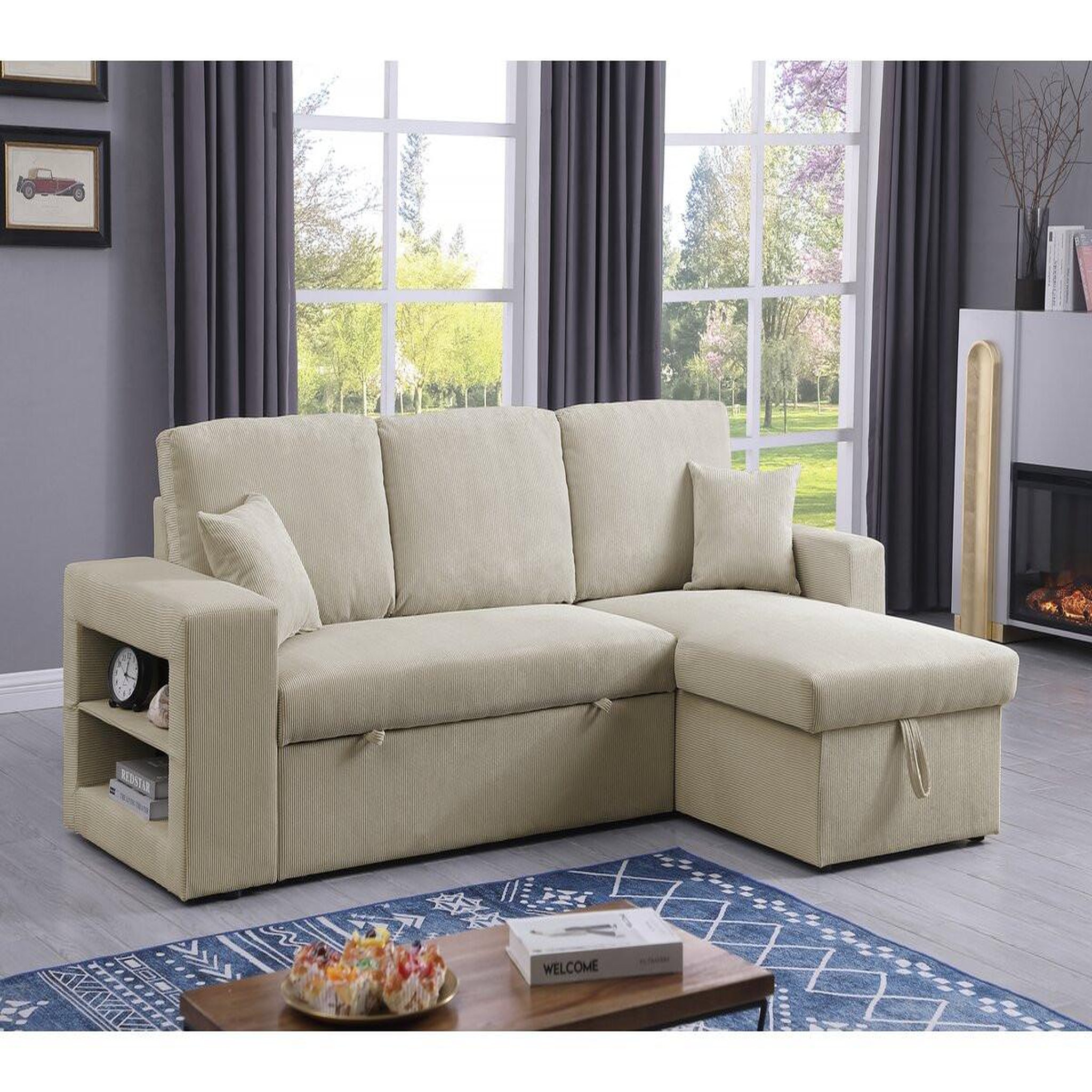 Voir la diapositive 2 : Habitat et Jardin Canapé d'angle en velours côtelé convertible/réversible  axel  - 3 places - beige