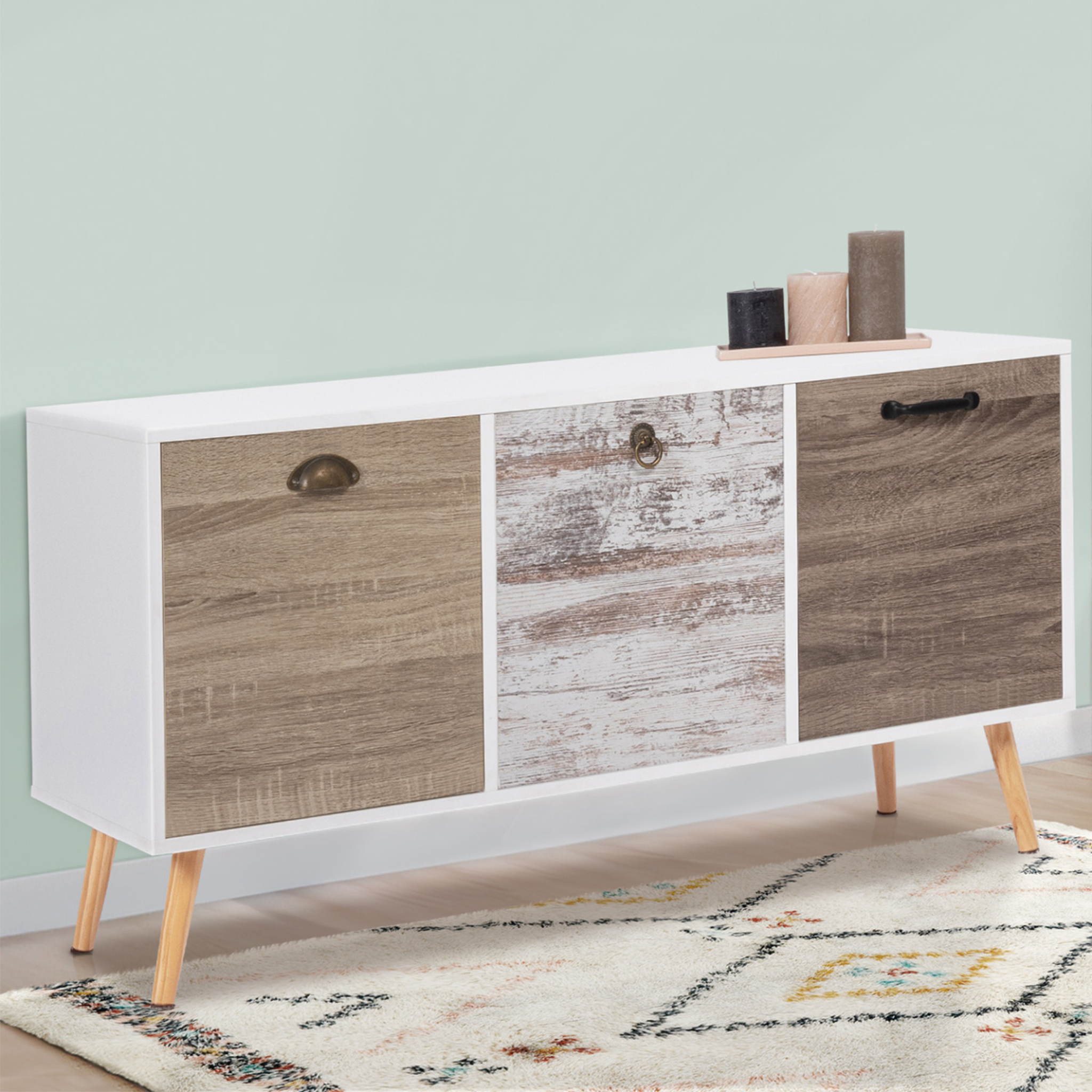 Voir la diapositive 2 : ID MARKET Buffet bas scandinave 113 cm bahia 3 portes