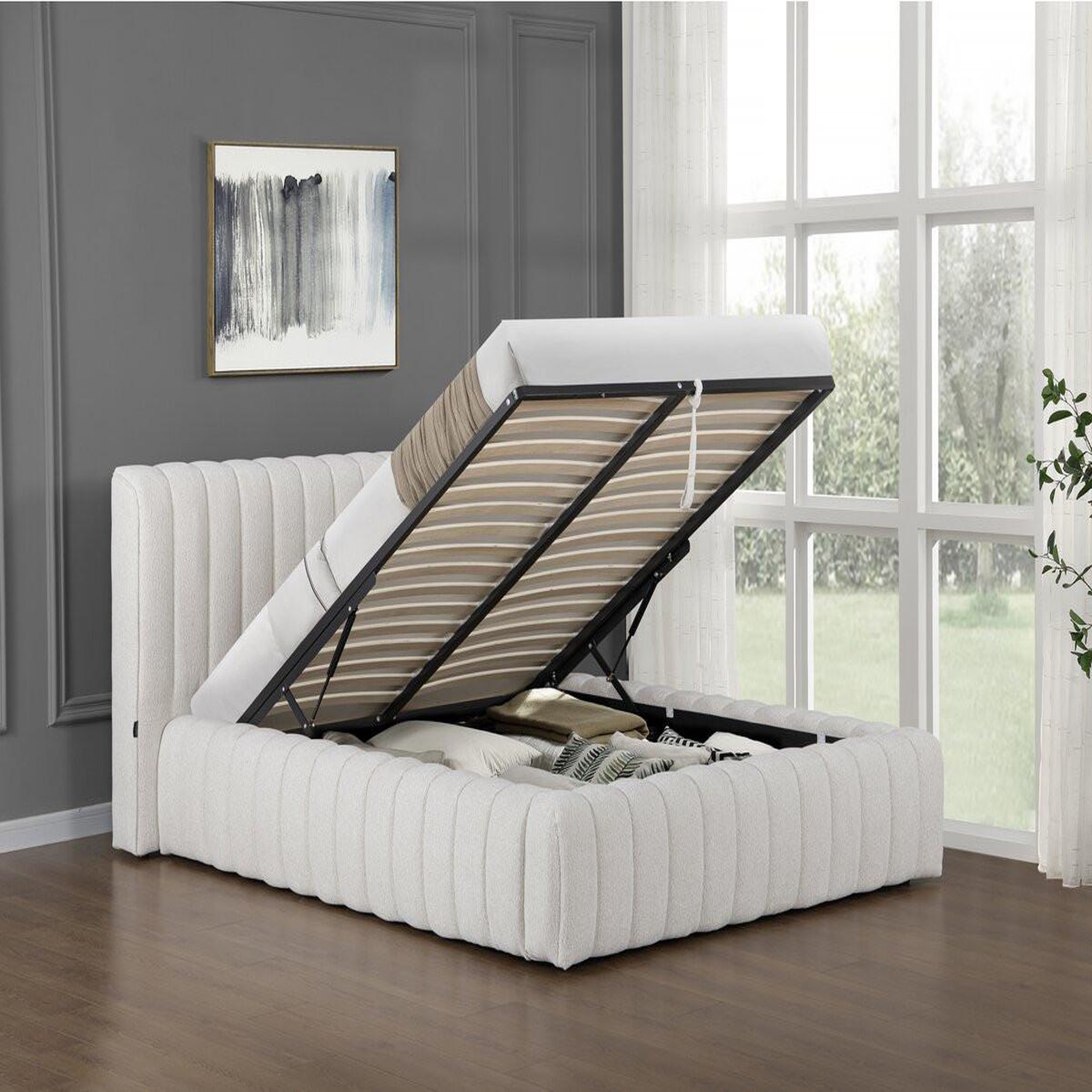 Voir la diapositive 3 : Habitat et Jardin Lit double en tissu avec coffre  tignes  - 140 x 190 cm - beige