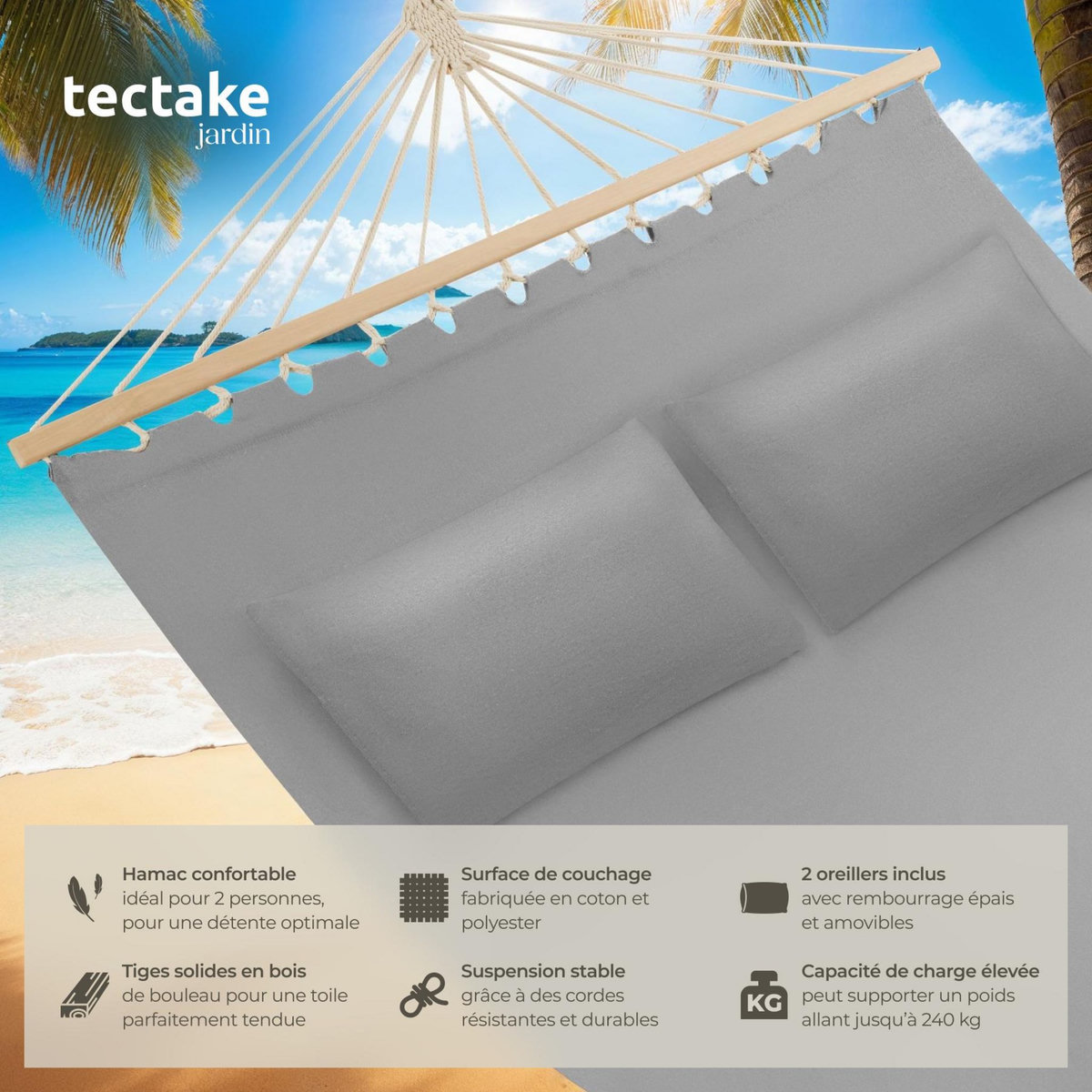tectake Hamac avec barres d'expansion pour 2 personnes gris clair